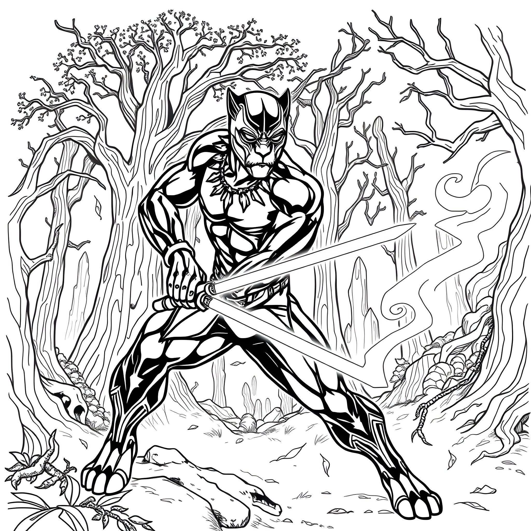 Panther Warrior Wielding Sword in Mysterious Forest Coloring Page (free black-and-white line drawing printable PDF for all, from beginners to advanced learners, including children, teens, adults, and seniors)