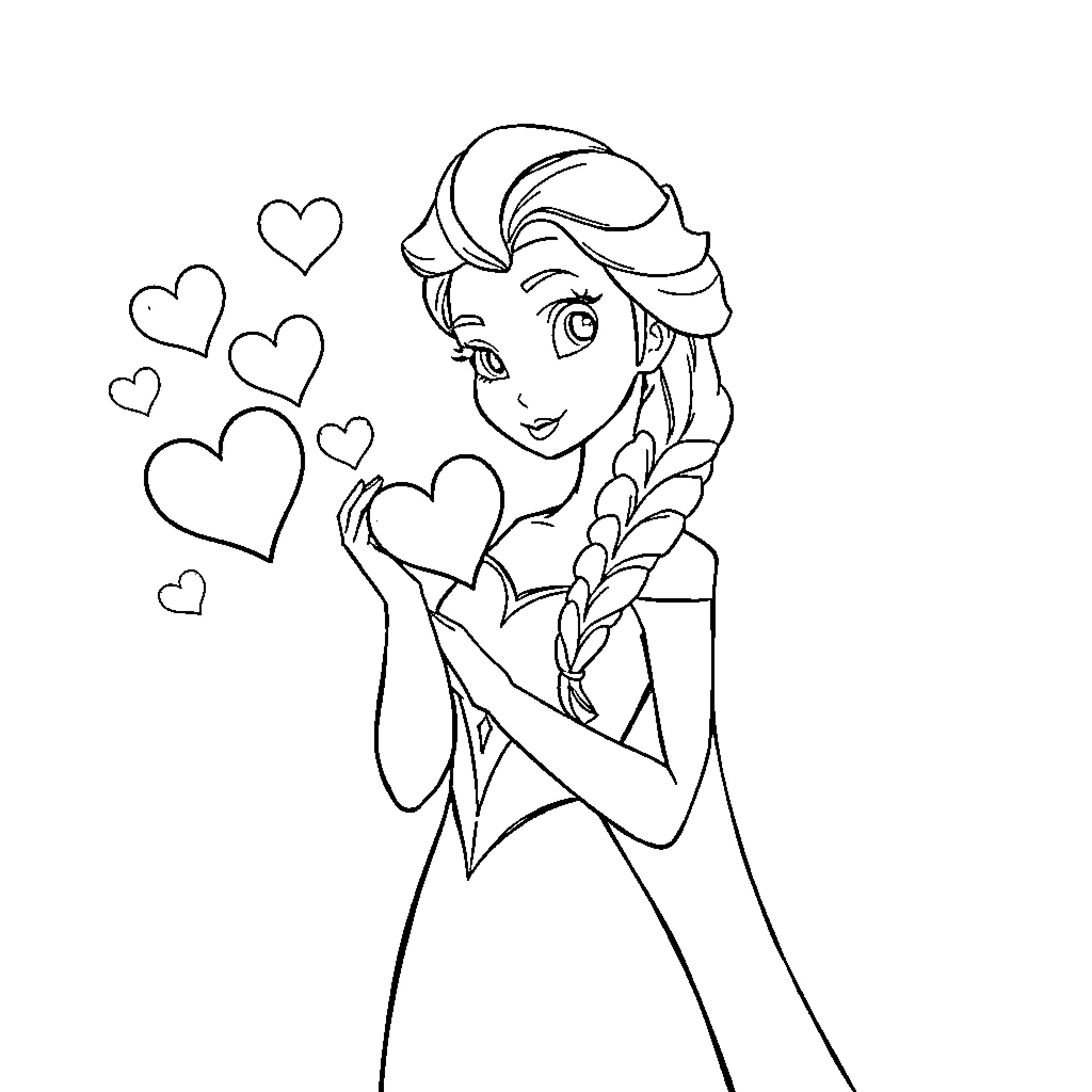 Elsa's Enchanting Hearts Coloring Page (free black-and-white line drawing printable PDF for all, from beginners to advanced learners, including children, teens, adults, and seniors)