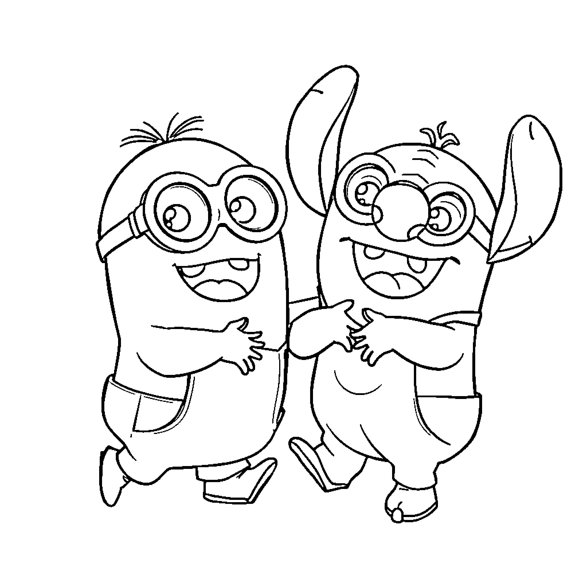Minions playing together happily Coloring Page (free black-and-white line drawing printable PDF for all, from beginners to advanced learners, including children, teens, adults, and seniors)
