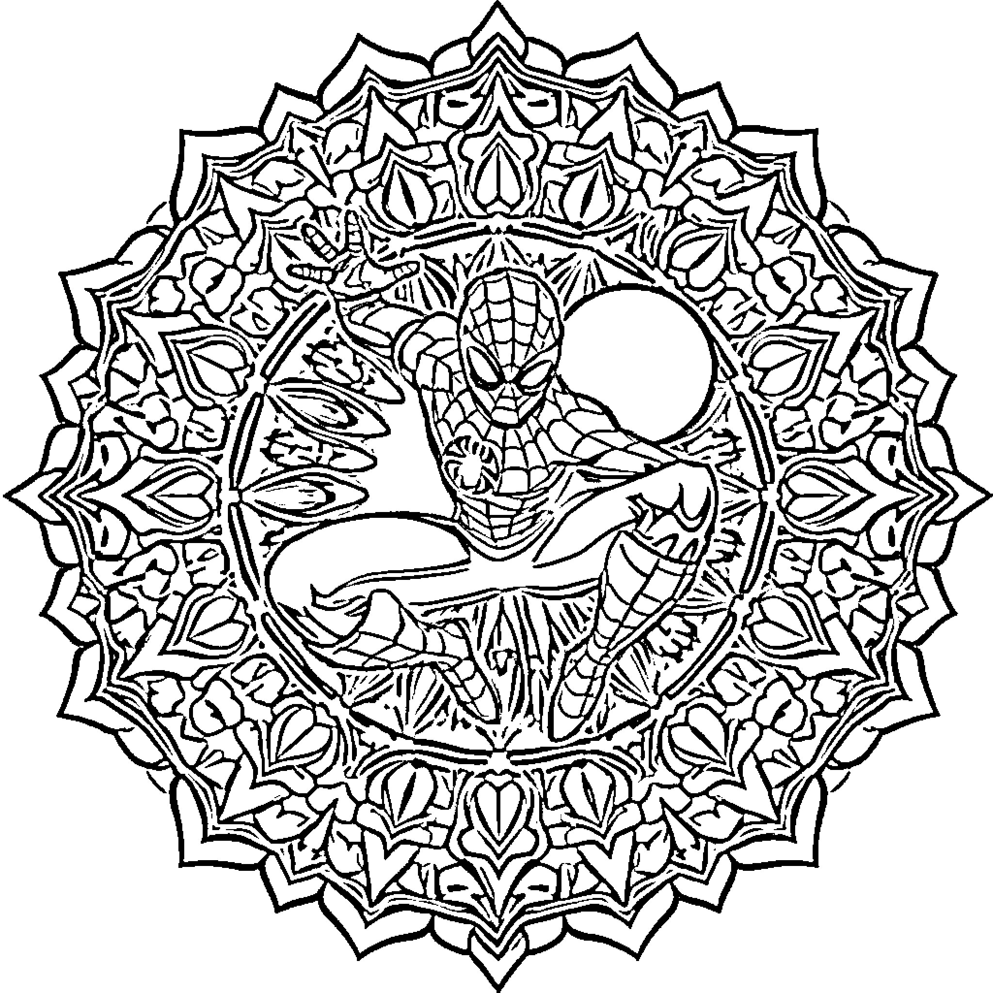 Mandala featuring a superhero character in intricate design Coloring Page (free black-and-white line drawing printable PDF for all, from beginners to advanced learners, including children, teens, adults, and seniors)