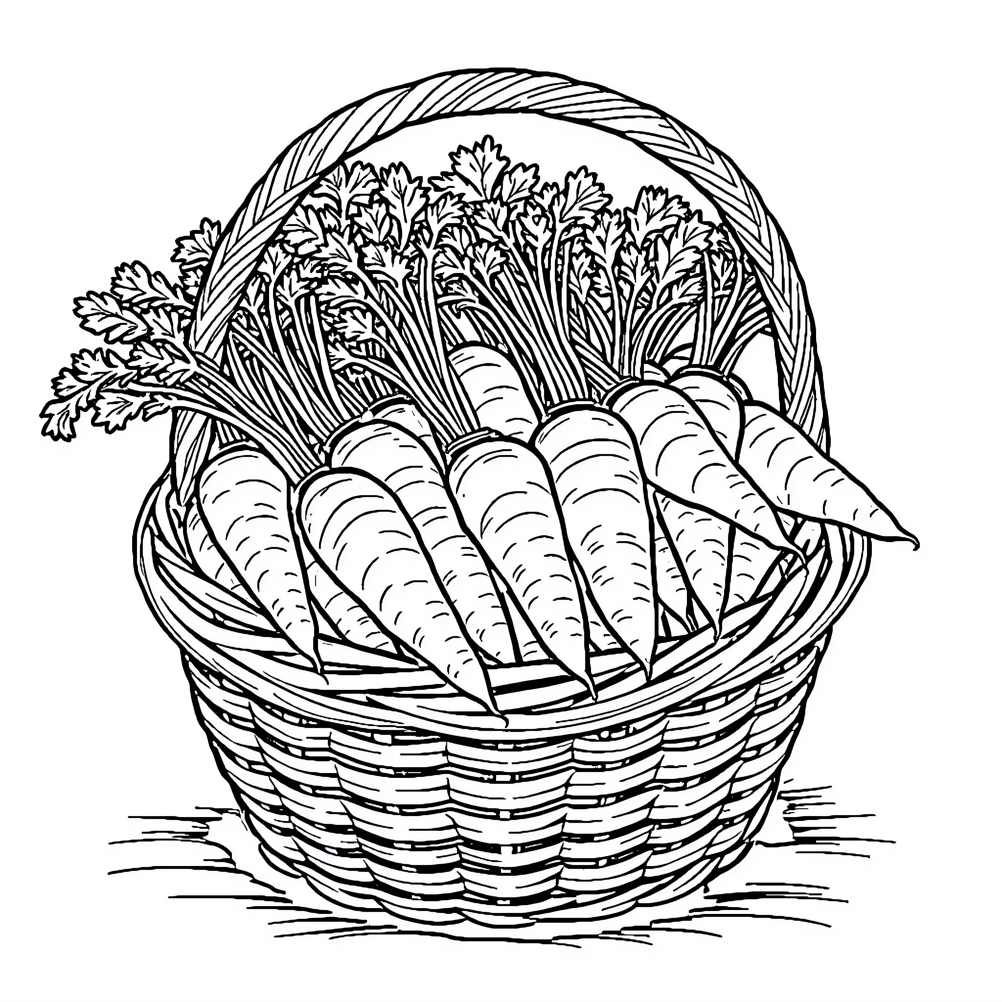 Carrot Harvest in a Woven Basket Coloring Page (free black-and-white line drawing printable PDF for all, from beginners to advanced learners, including children, teens, adults, and seniors)
