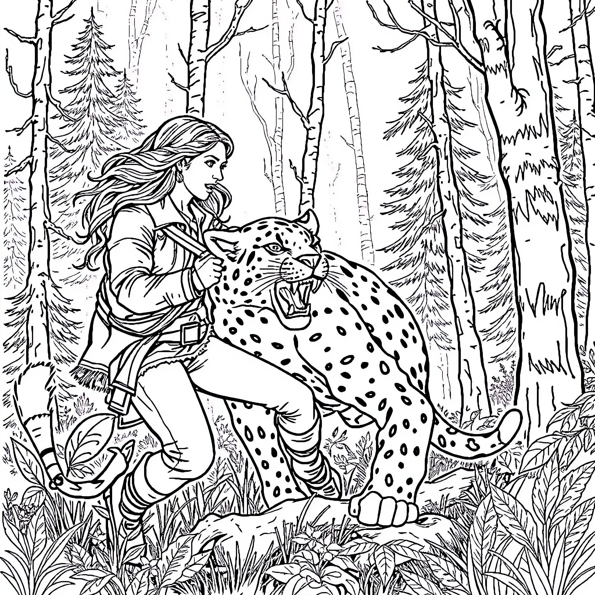Woman interacting with wild leopard in forest Coloring Page (free black-and-white line drawing printable PDF for all, from beginners to advanced learners, including children, teens, adults, and seniors)