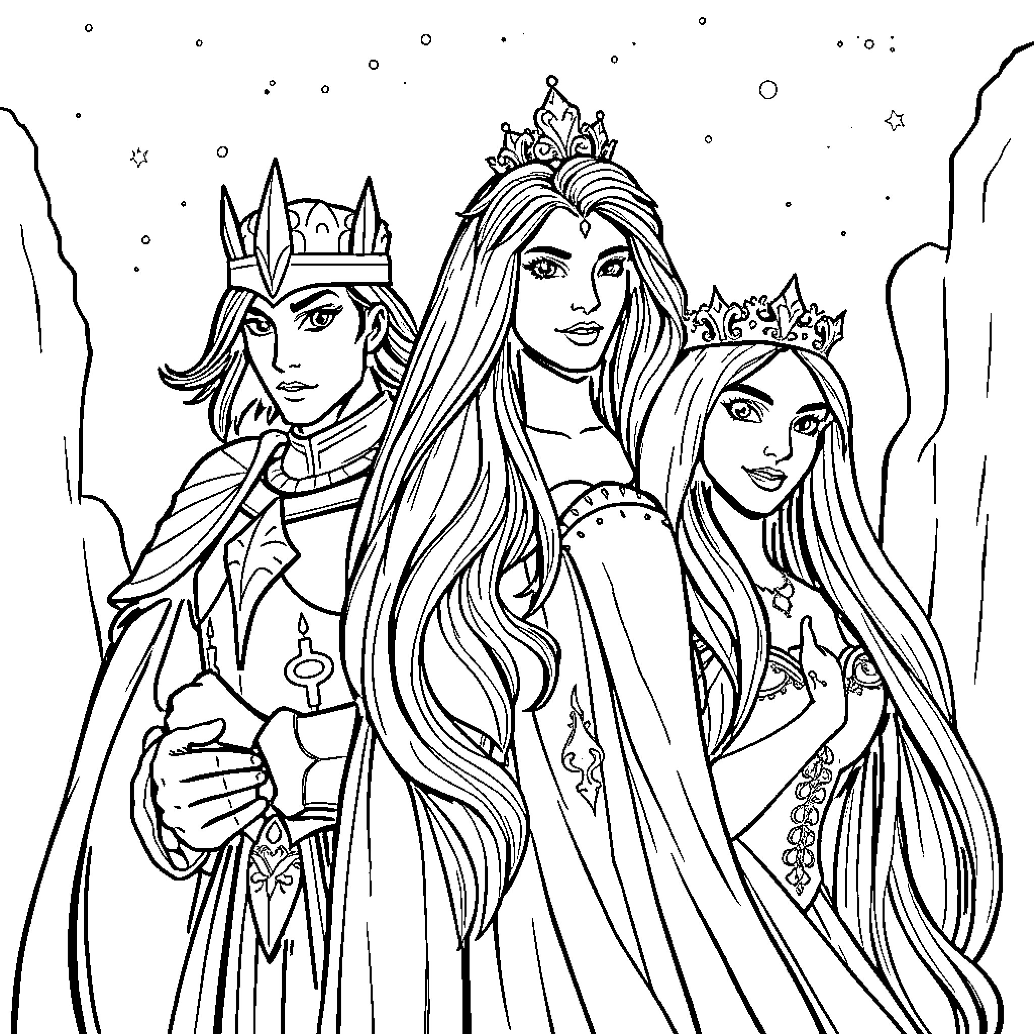 King and Queens in Majestic Attire Coloring Page (free black-and-white line drawing printable PDF for all, from beginners to advanced learners, including children, teens, adults, and seniors)