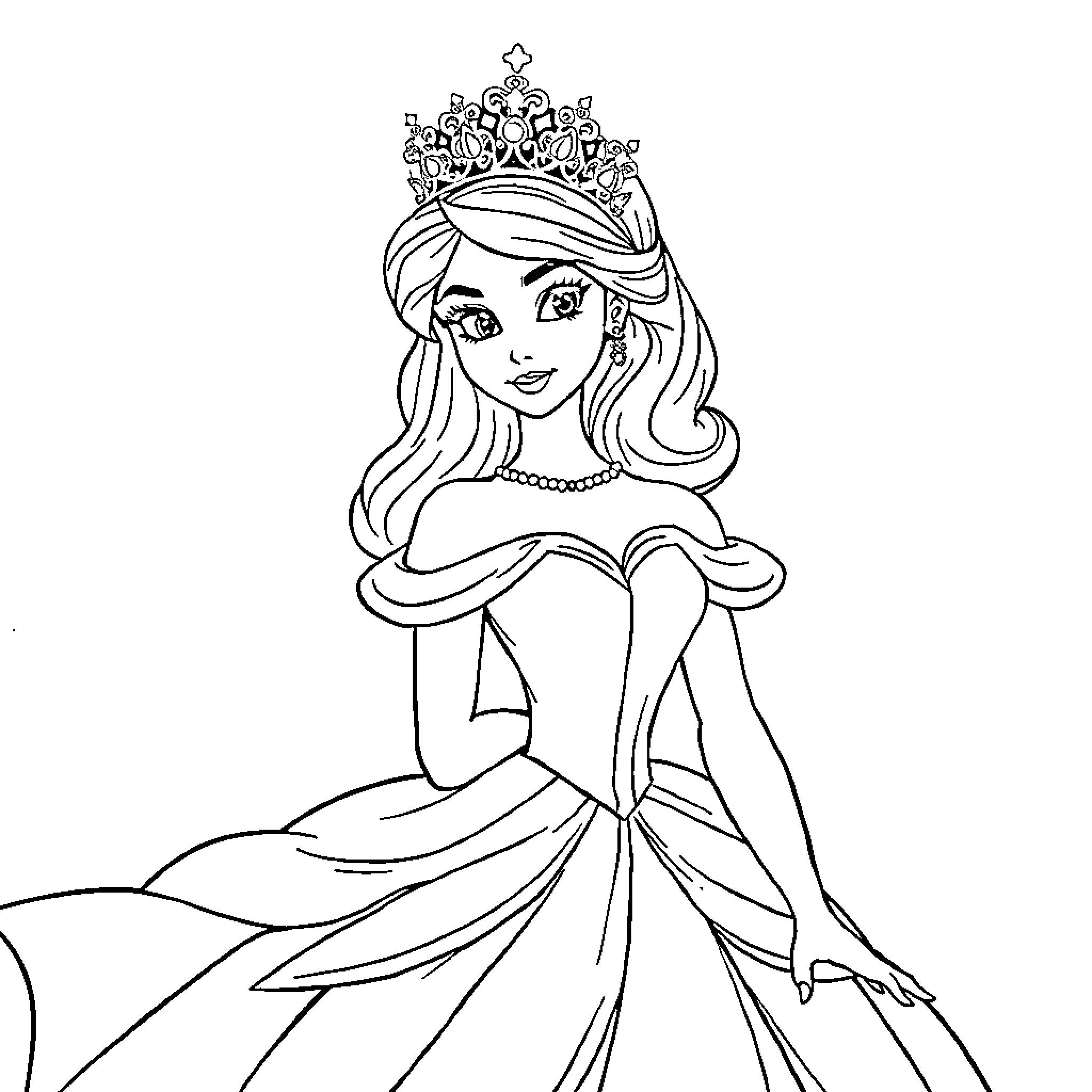 Princess in Elegant Dress and Tiara Coloring Page (free black-and-white line drawing printable PDF for all, from beginners to advanced learners, including children, teens, adults, and seniors)