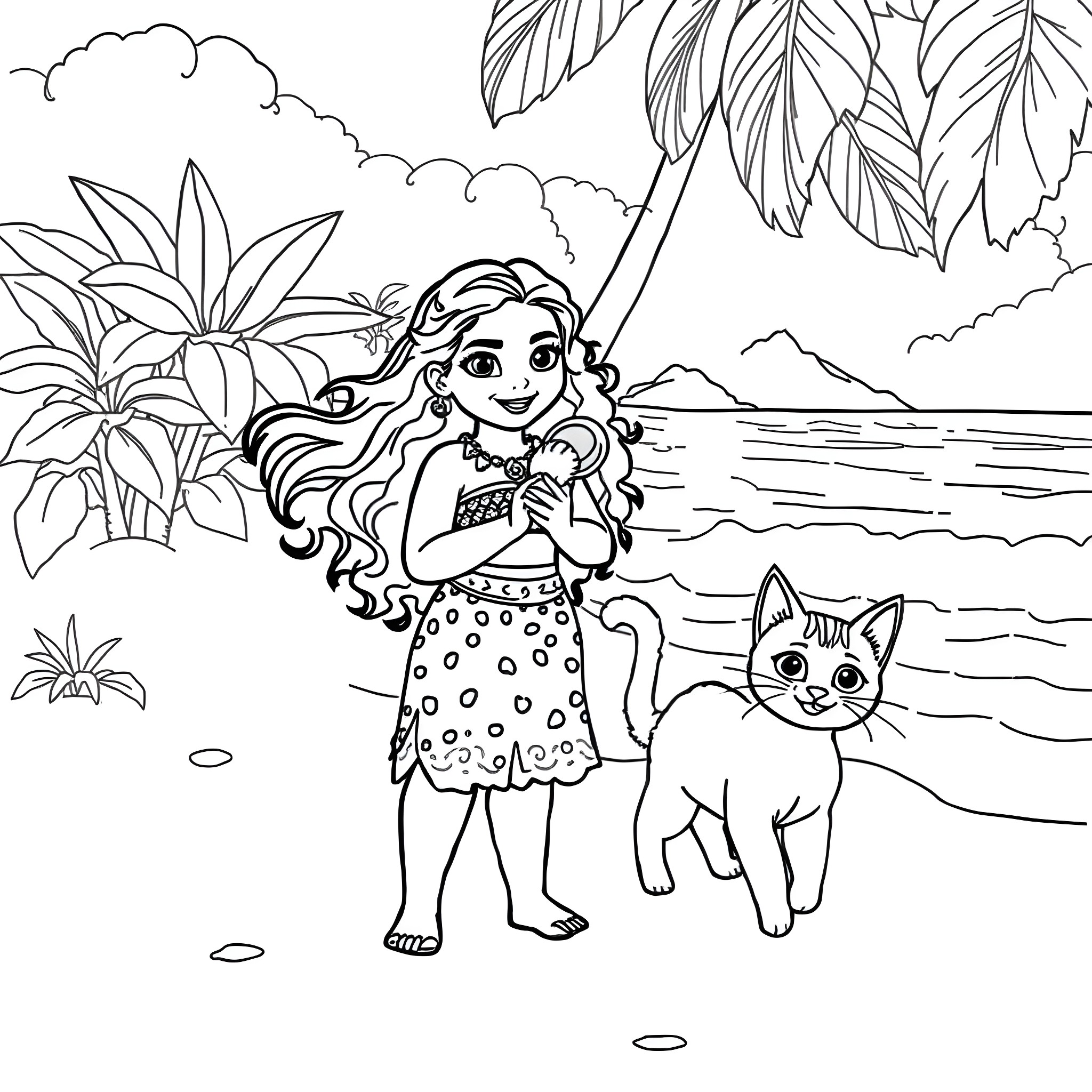 Moana exploring the tropical beach with her pet cat Coloring Page (free black-and-white line drawing printable PDF for all, from beginners to advanced learners, including children, teens, adults, and seniors)