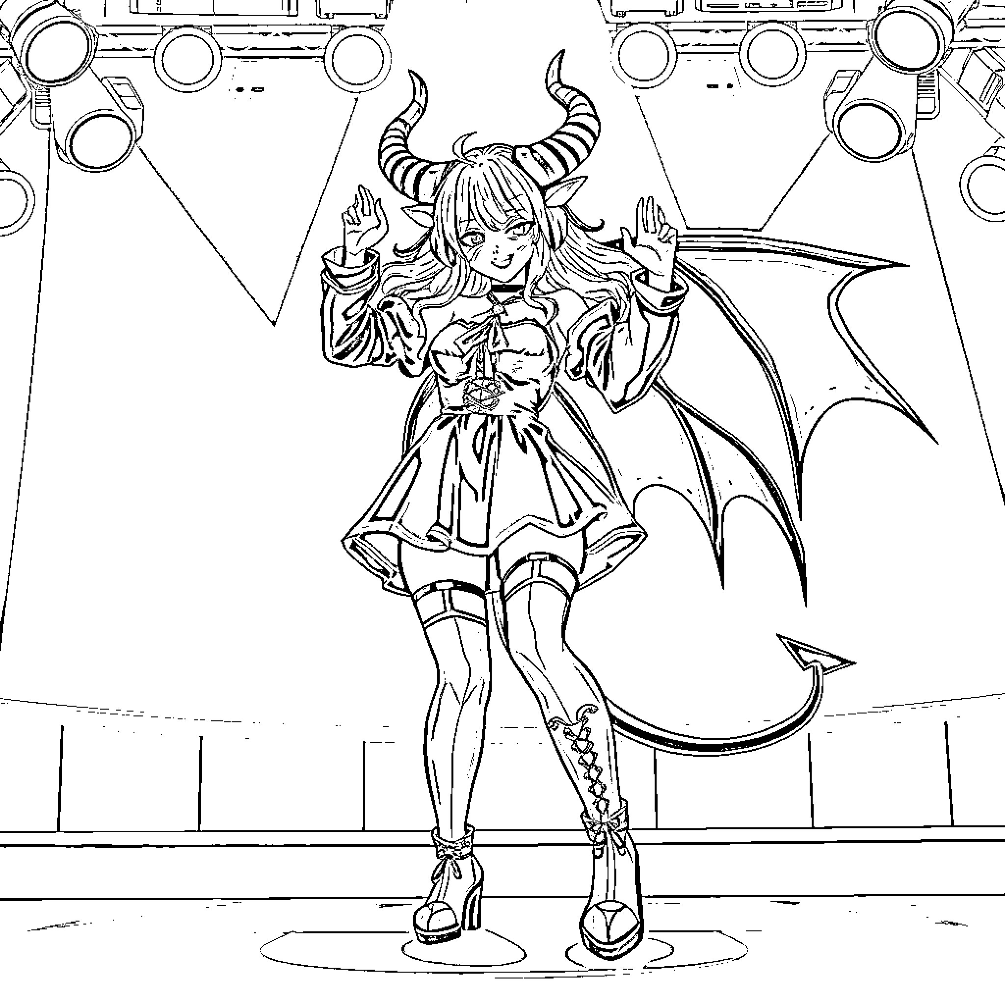 Demon Girl Striking a Defiant Pose Coloring Page (free black-and-white line drawing printable PDF for all, from beginners to advanced learners, including children, teens, adults, and seniors)