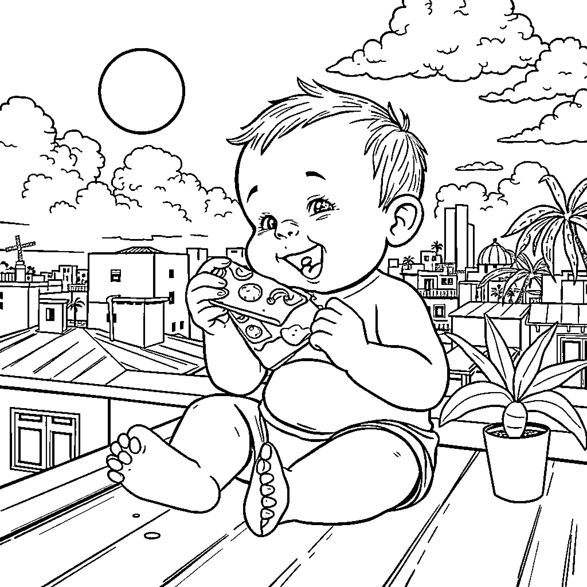 Baby playing joyfully with a toy in the city Coloring Page (free black-and-white line drawing printable PDF for all, from beginners to advanced learners, including children, teens, adults, and seniors)
