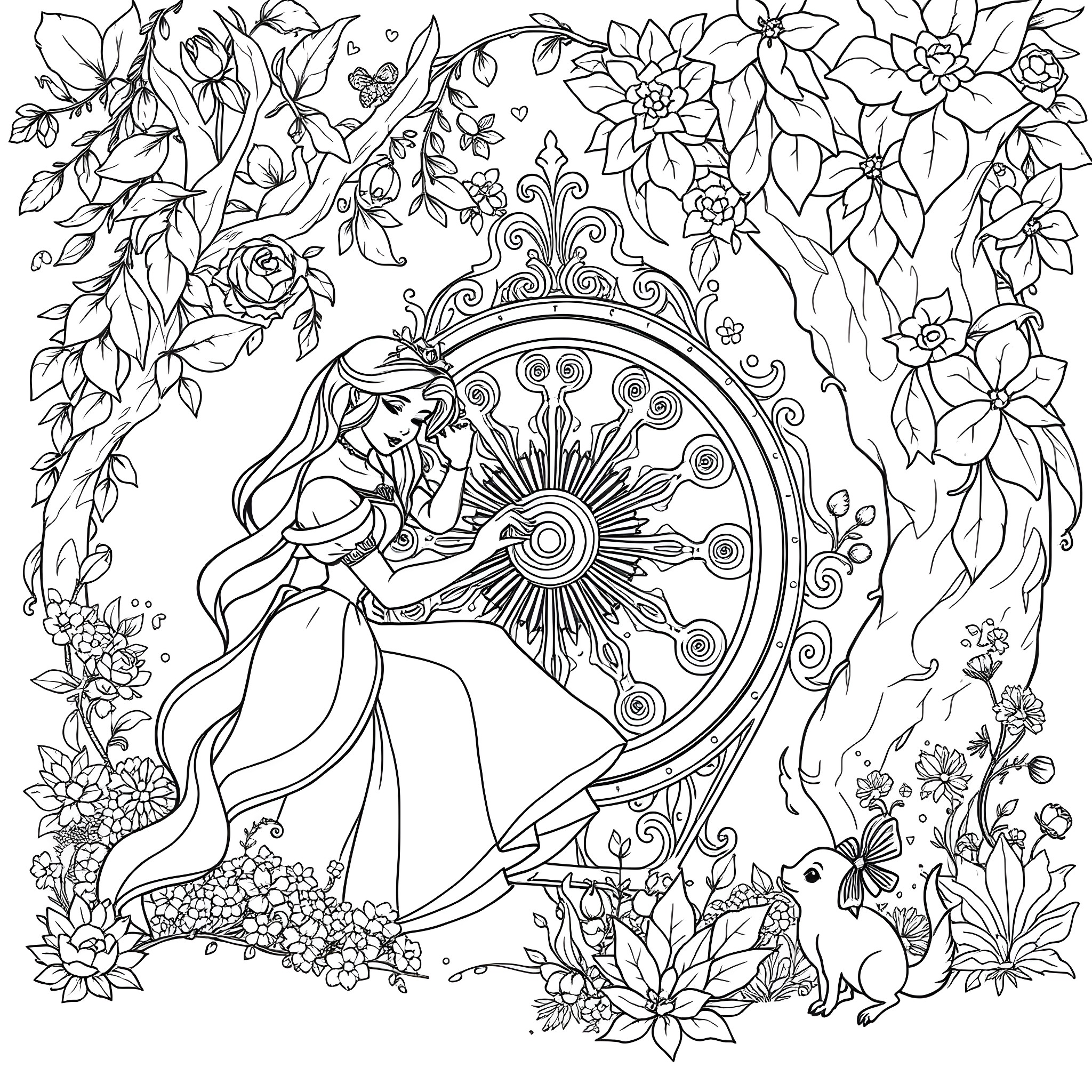 Sleeping Beauty surrounded by enchanted floral elements Coloring Page (free black-and-white line drawing printable PDF for all, from beginners to advanced learners, including children, teens, adults, and seniors)