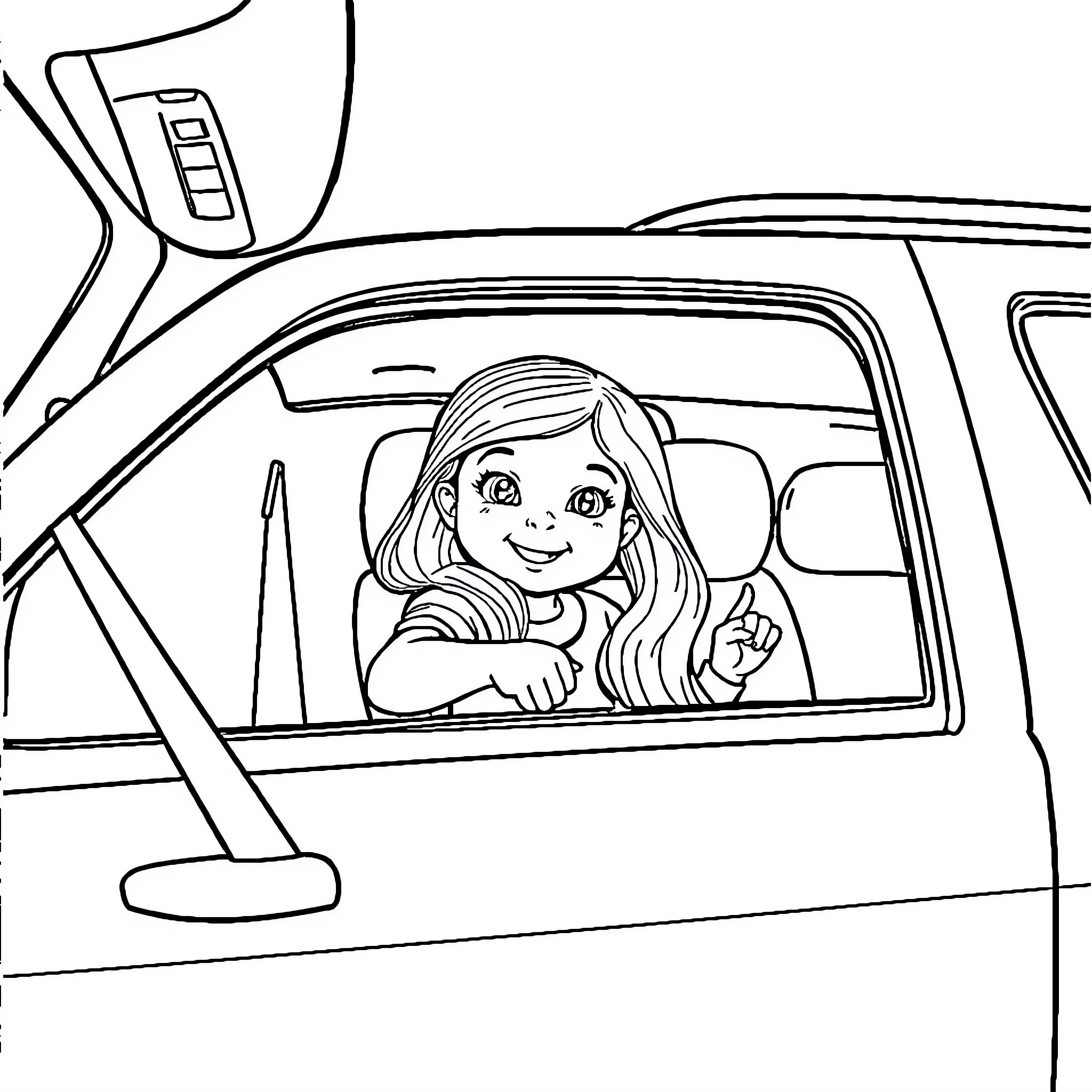 Chevrolet Tahoe driven by happy young woman Coloring Page (free black-and-white line drawing printable PDF for all, from beginners to advanced learners, including children, teens, adults, and seniors)