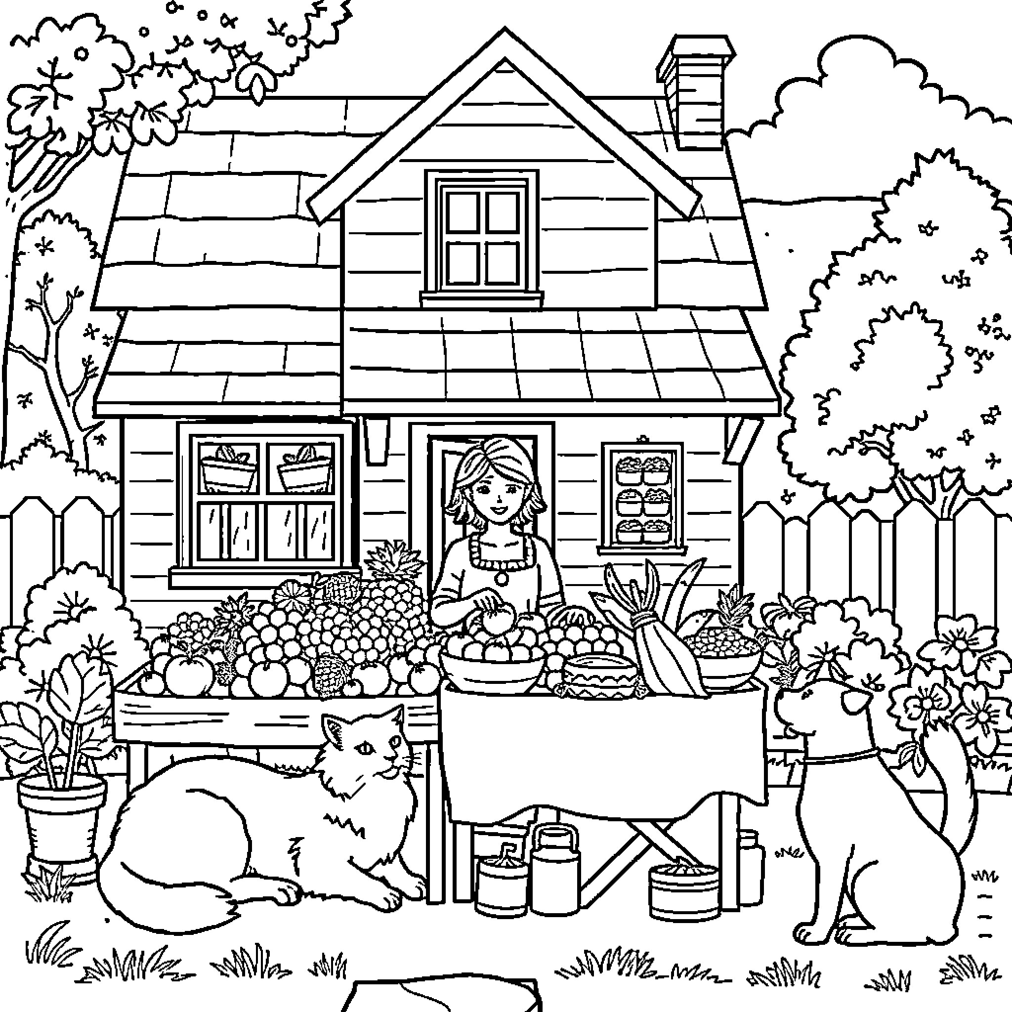 Mother tending to her garden and animals at home Coloring Page (free black-and-white line drawing printable PDF for all, from beginners to advanced learners, including children, teens, adults, and seniors)