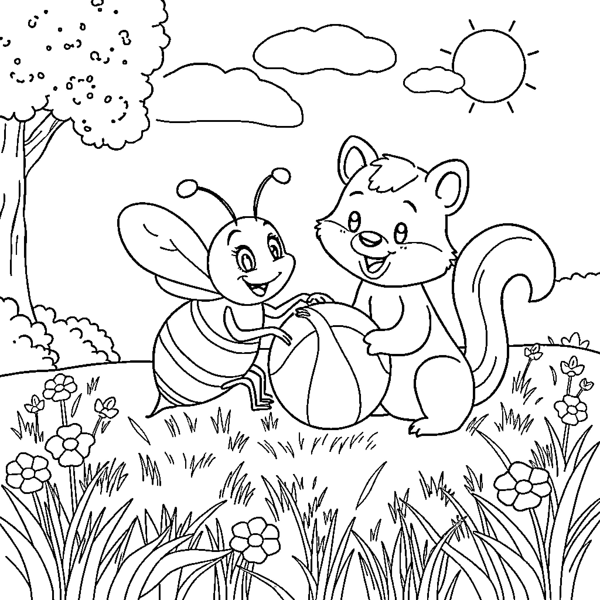 Bee playing with friendly squirrel in the garden Coloring Page (free black-and-white line drawing printable PDF for all, from beginners to advanced learners, including children, teens, adults, and seniors)