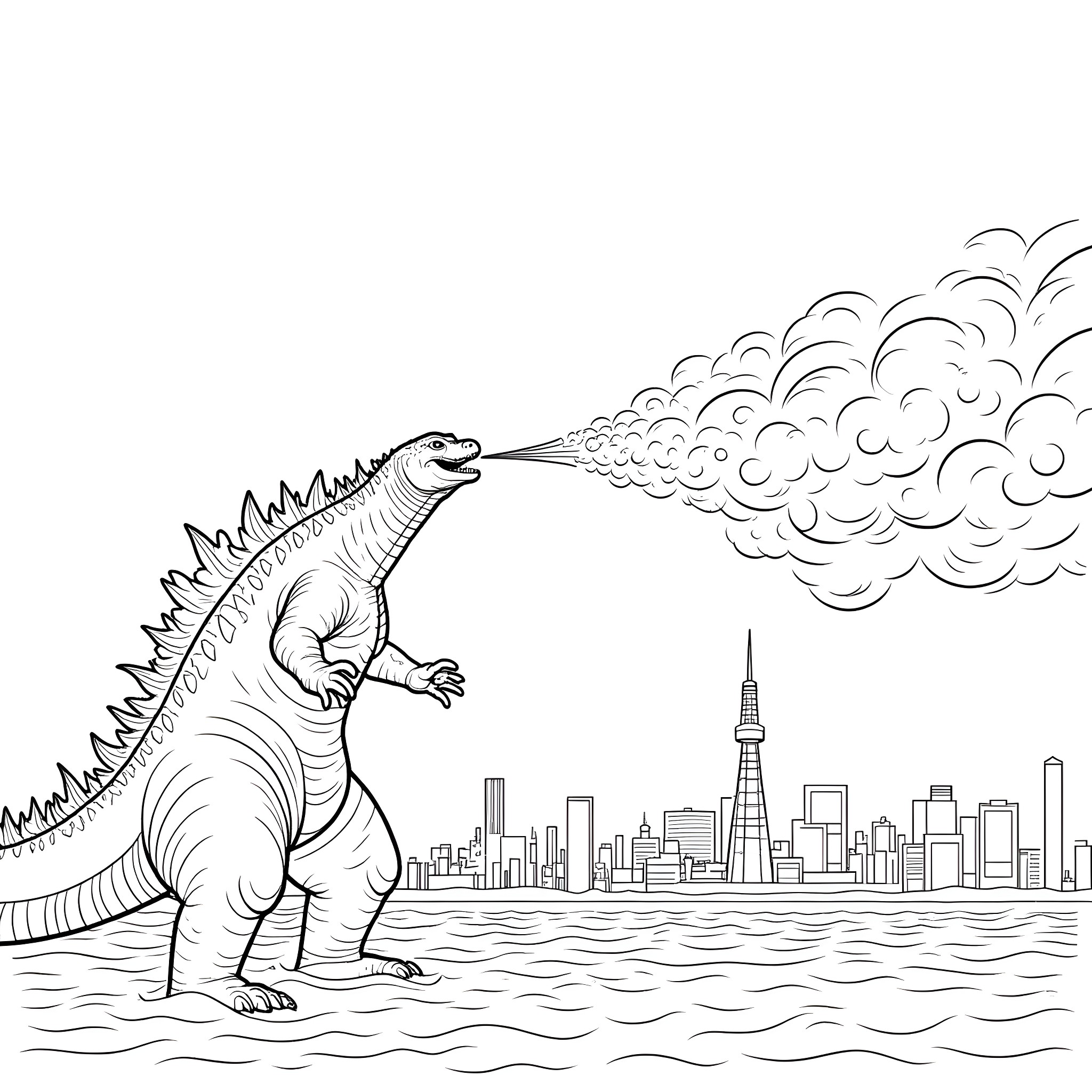Godzilla breathing fire over the city skyline Coloring Page (free black-and-white line drawing printable PDF for all, from beginners to advanced learners, including children, teens, adults, and seniors)