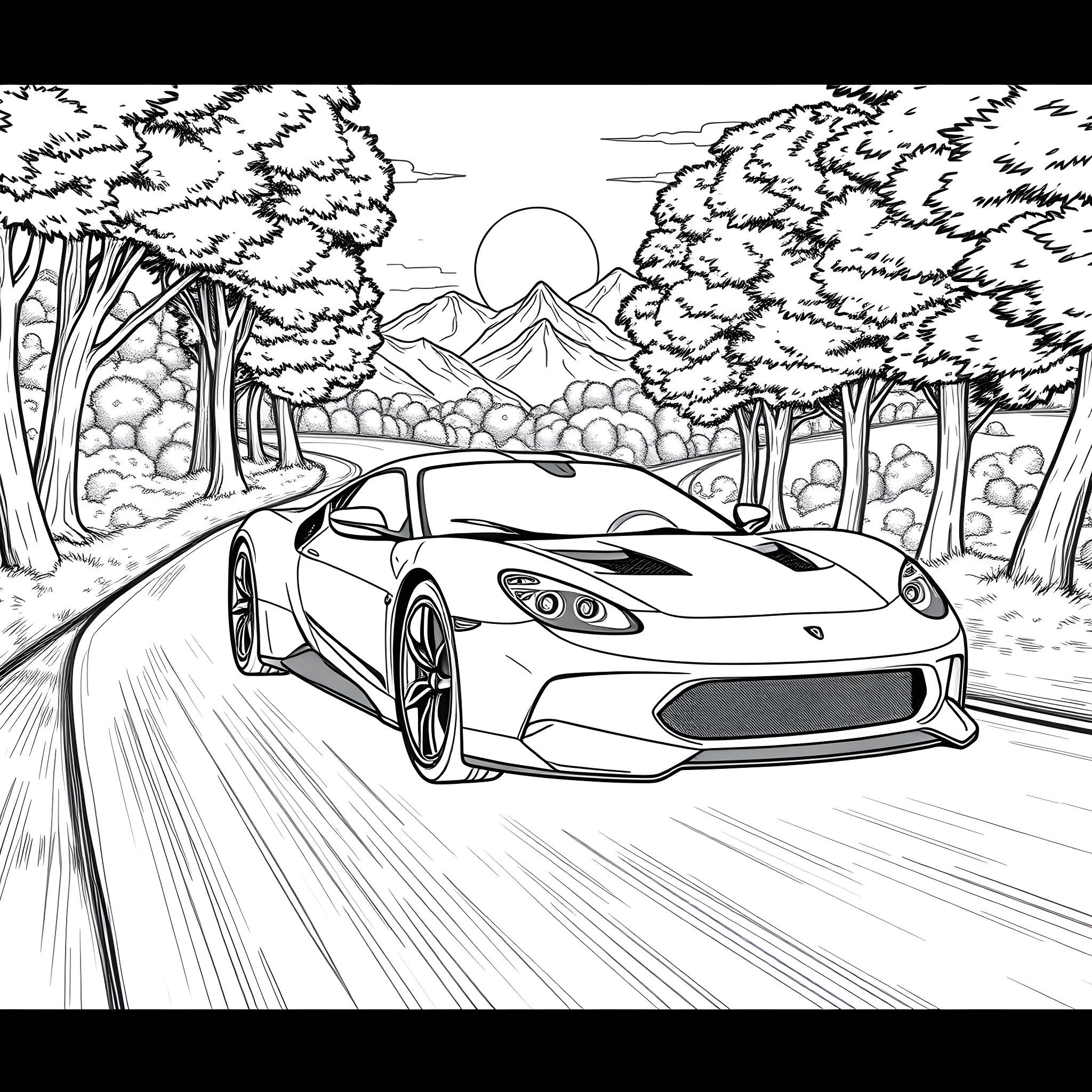 Car racing through a scenic forest landscape Coloring Page (free black-and-white line drawing printable PDF for all, from beginners to advanced learners, including children, teens, adults, and seniors)