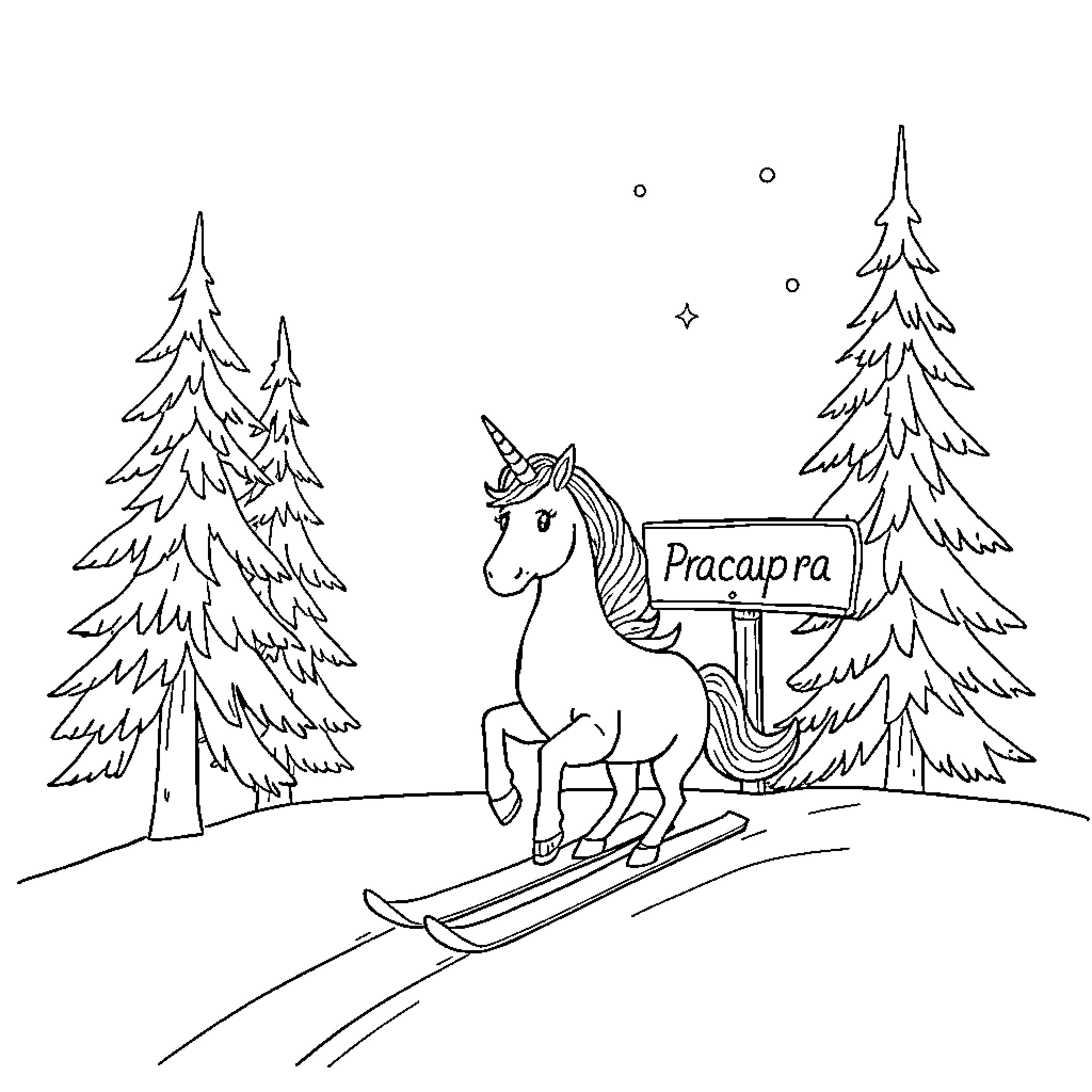 Licorne skiing down a snowy hill near pine trees Coloring Page (free black-and-white line drawing printable PDF for all, from beginners to advanced learners, including children, teens, adults, and seniors)