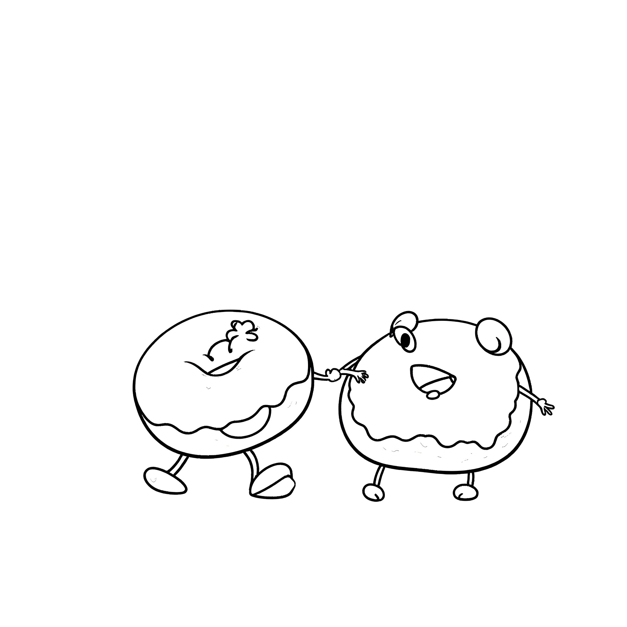 Donut characters playfully interacting Coloring Page (free black-and-white line drawing printable PDF for all, from beginners to advanced learners, including children, teens, adults, and seniors)
