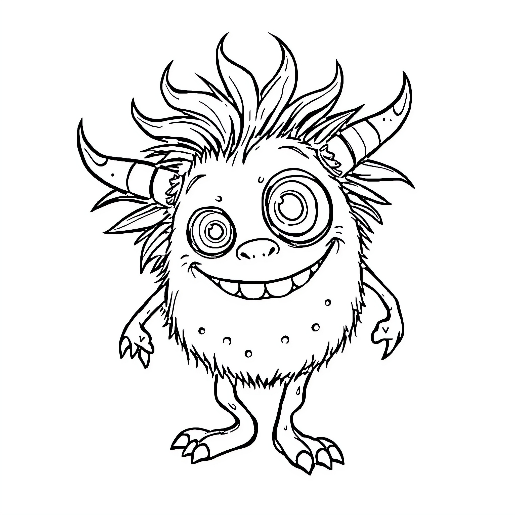 Monster with a Whimsical Expression and Unique Features Coloring Page (free black-and-white line drawing printable PDF for all, from beginners to advanced learners, including children, teens, adults, and seniors)