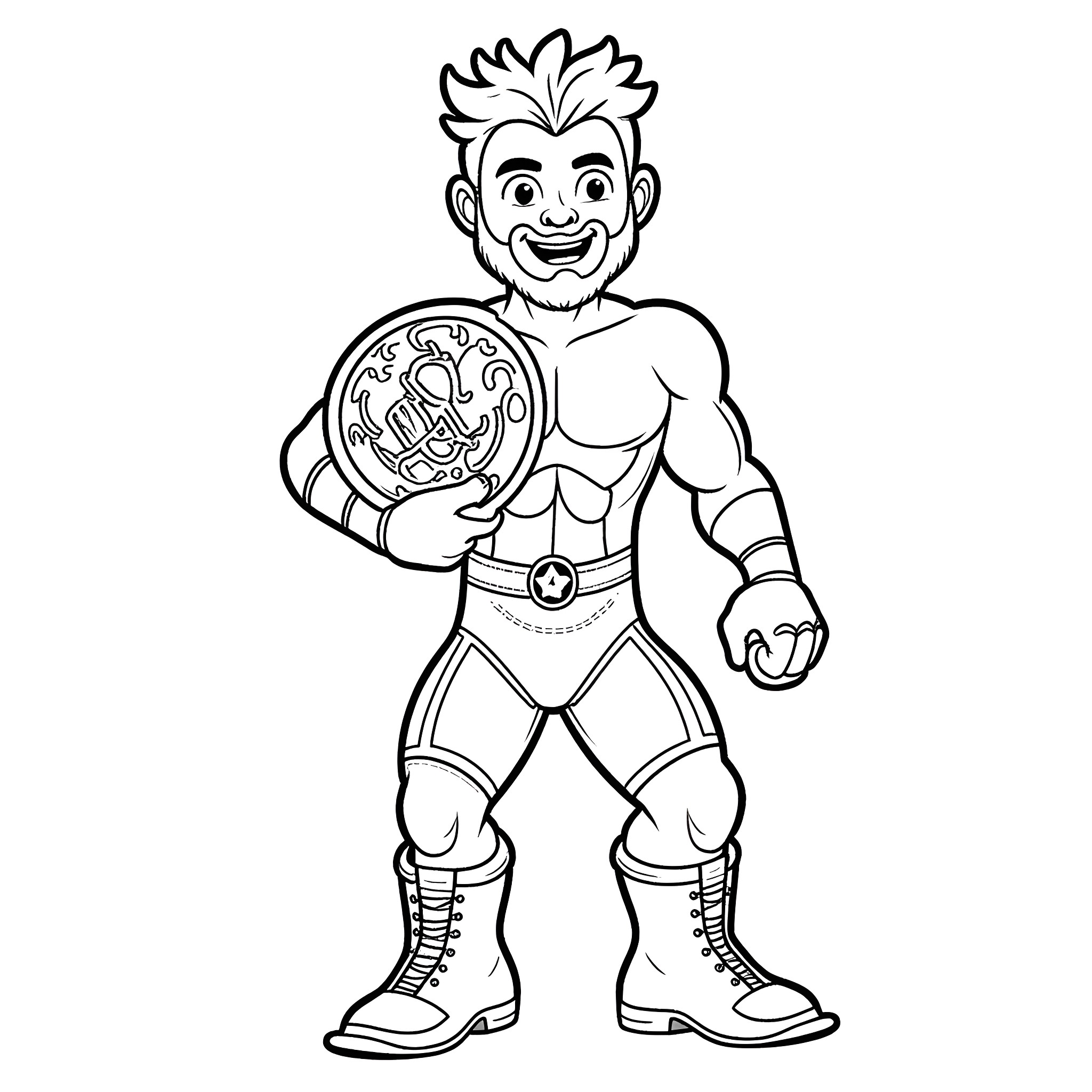 Zach the Muscular Wrestler Proudly Displaying His Belt Coloring Page (free black-and-white line drawing printable PDF for all, from beginners to advanced learners, including children, teens, adults, and seniors)