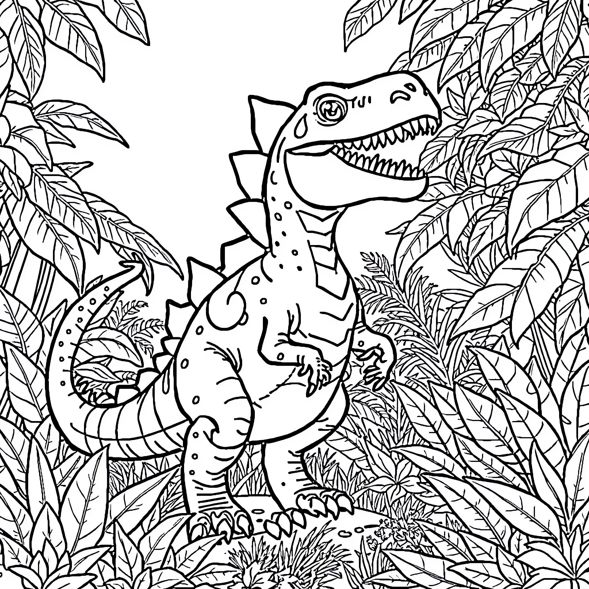 Dinosaur exploring the lush jungle landscape Coloring Page (free black-and-white line drawing printable PDF for all, from beginners to advanced learners, including children, teens, adults, and seniors)