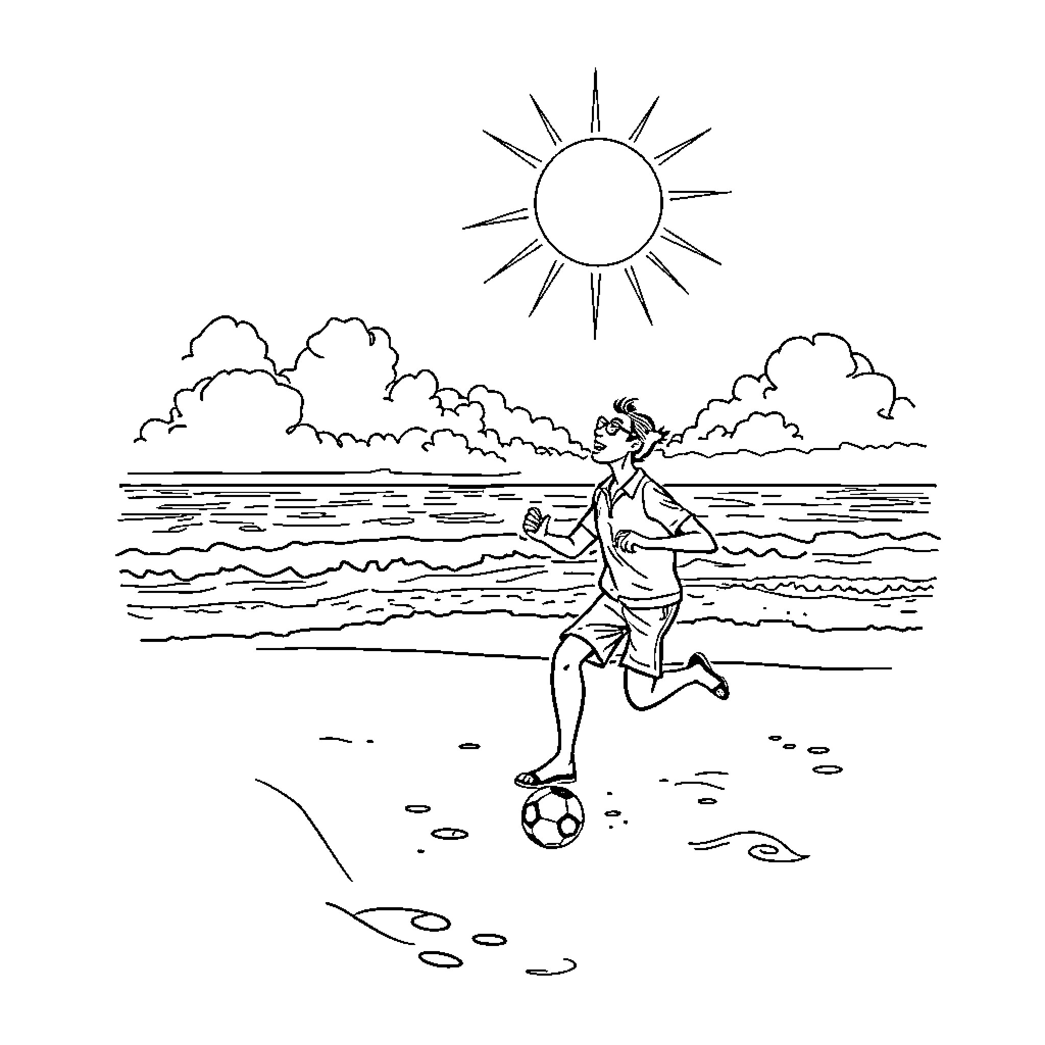 Beach Scene with Person Playing Soccer Coloring Page (free black-and-white line drawing printable PDF for all, from beginners to advanced learners, including children, teens, adults, and seniors)