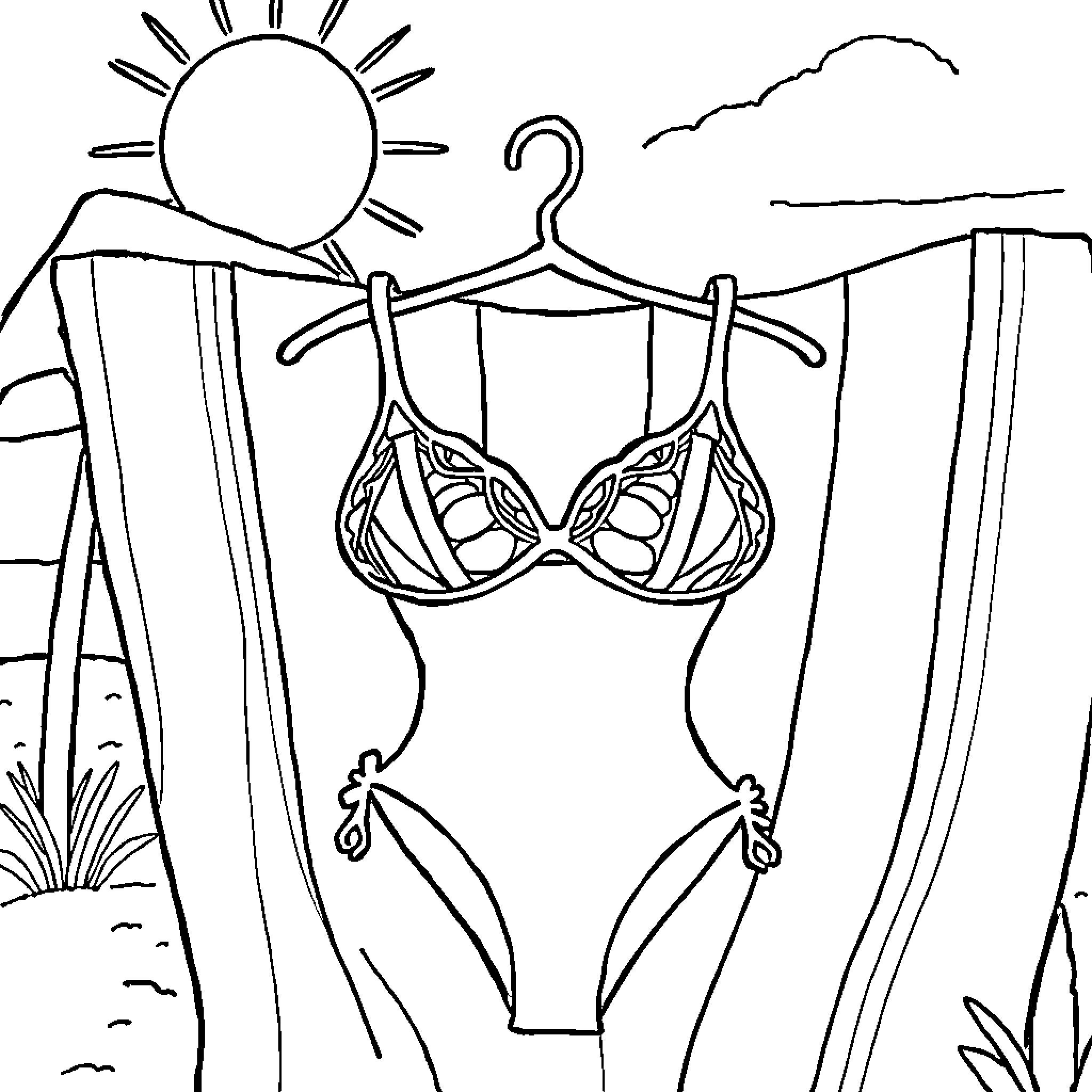 Bikini hanging on a clothesline in the sun Coloring Page (free black-and-white line drawing printable PDF for all, from beginners to advanced learners, including children, teens, adults, and seniors)
