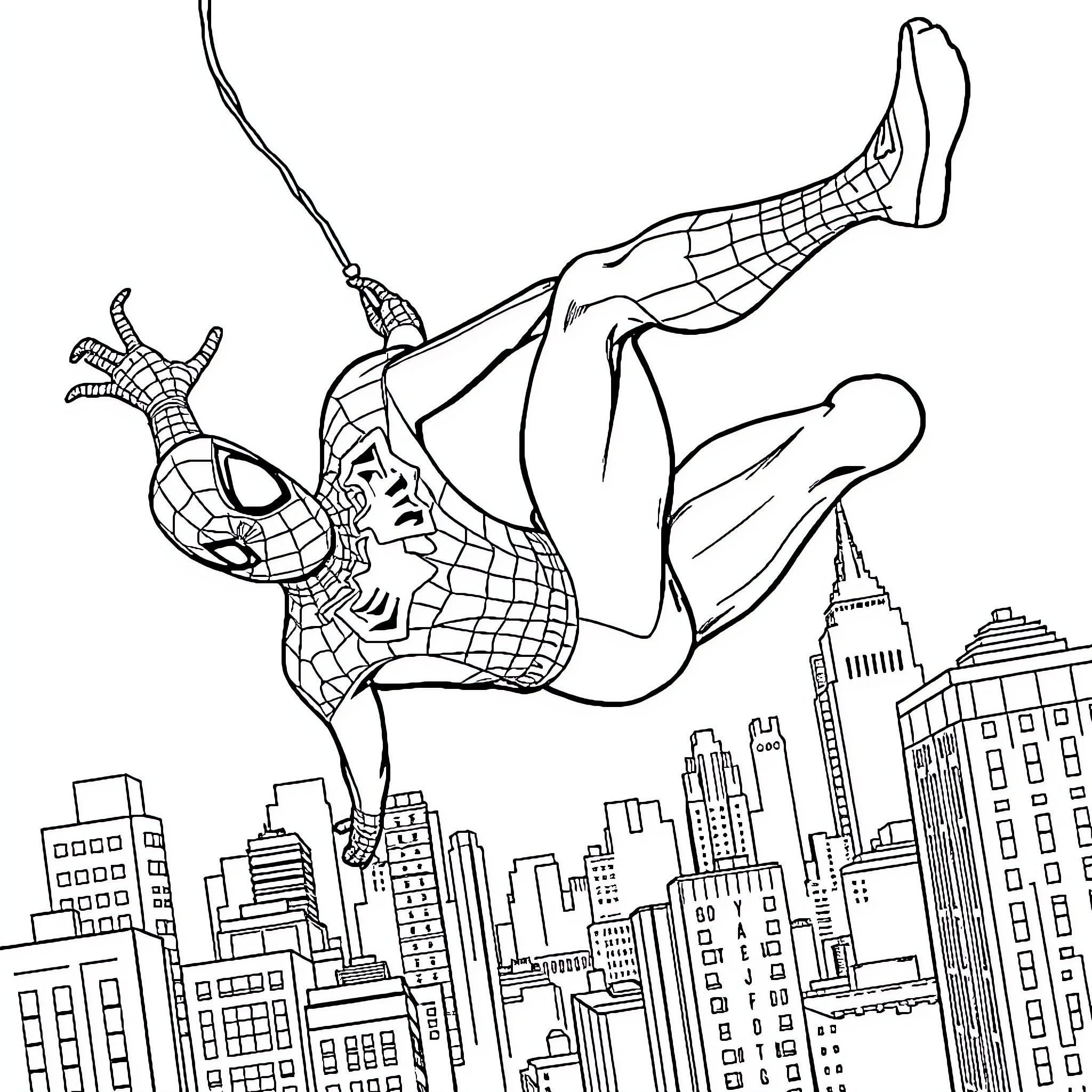 Spider-Man swinging through a city skyline Coloring Page (free black-and-white line drawing printable PDF for all, from beginners to advanced learners, including children, teens, adults, and seniors)
