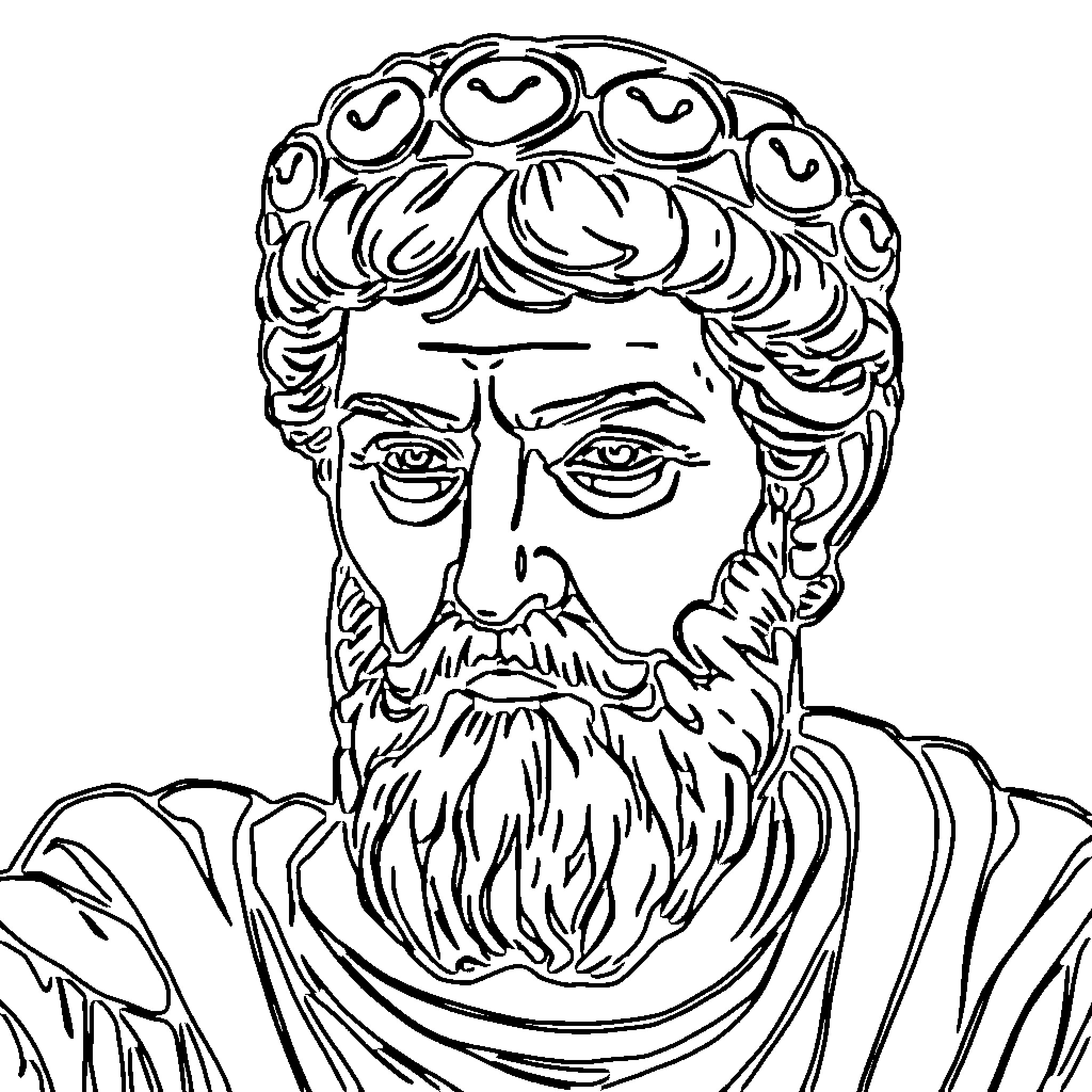 Marcus Aurelius in Pensive Contemplation Coloring Page (free black-and-white line drawing printable PDF for all, from beginners to advanced learners, including children, teens, adults, and seniors)