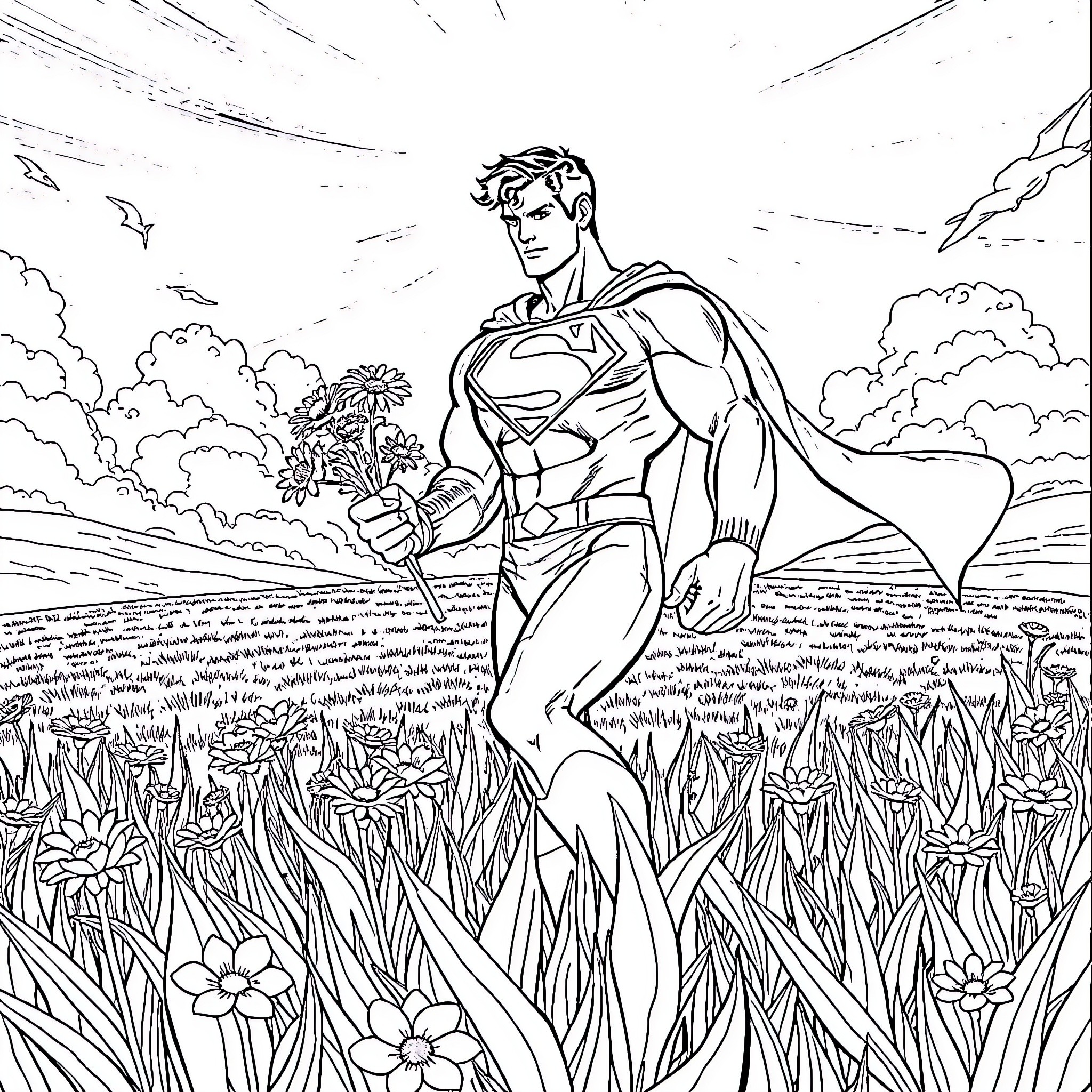 Superman soaring through the sky with flowers Coloring Page (free black-and-white line drawing printable PDF for all, from beginners to advanced learners, including children, teens, adults, and seniors)