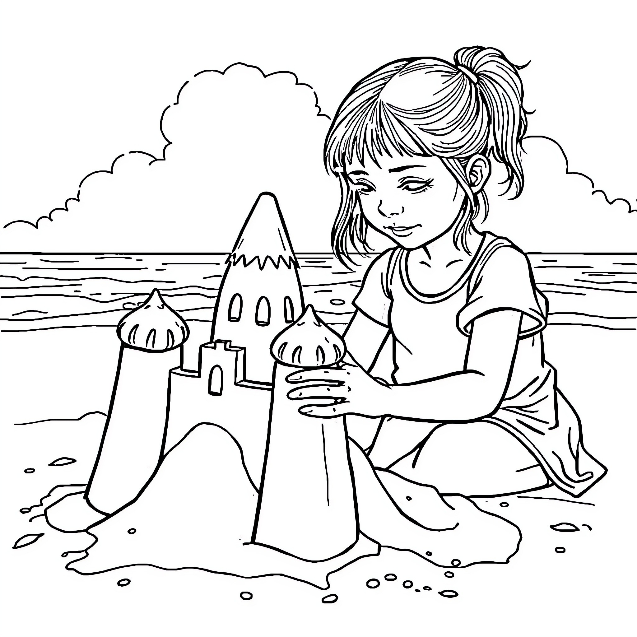 Girl playing with a sand castle on the beach Coloring Page (free black-and-white line drawing printable PDF for all, from beginners to advanced learners, including children, teens, adults, and seniors)