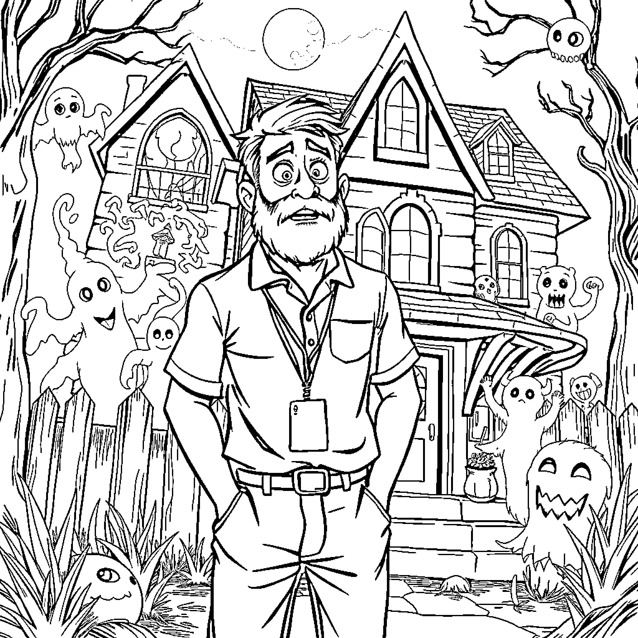Mr Kinnen's haunted house adventure with ghostly friends Coloring Page (free black-and-white line drawing printable PDF for all, from beginners to advanced learners, including children, teens, adults, and seniors)