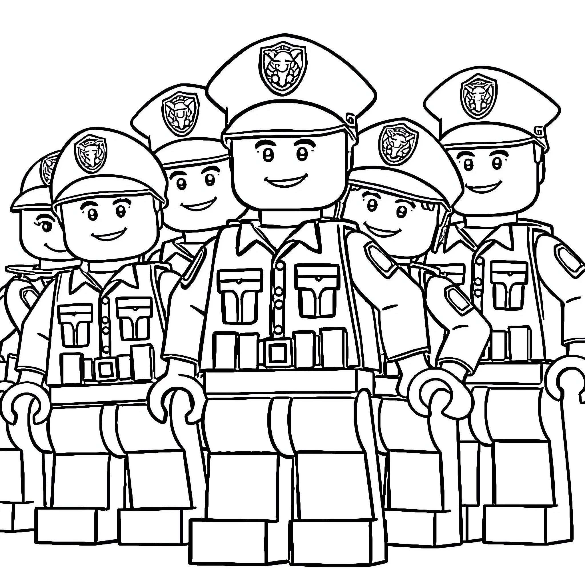 Police officers in uniform group photo Coloring Page (free black-and-white line drawing printable PDF for all, from beginners to advanced learners, including children, teens, adults, and seniors)