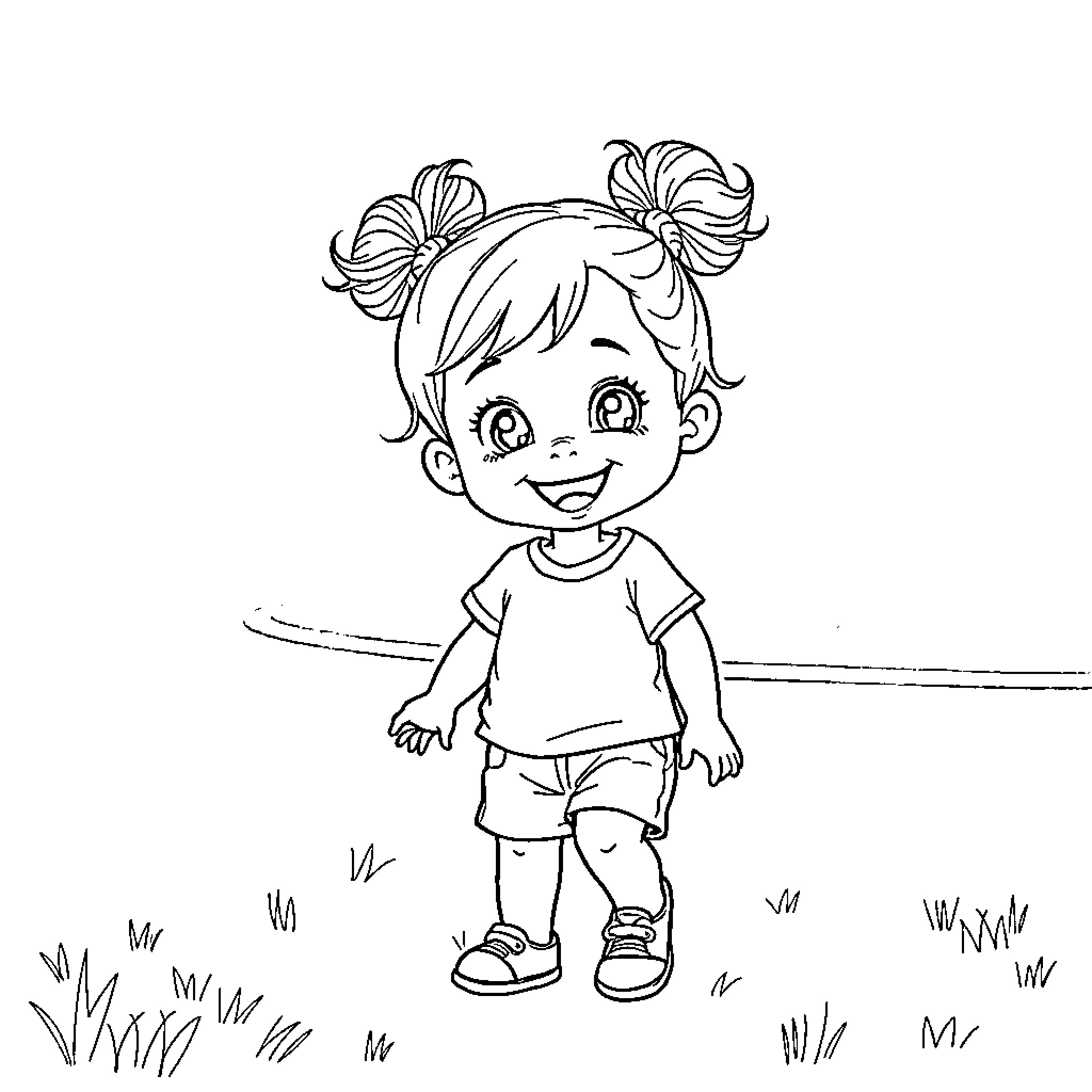 Girl in Pigtails Playing Happily Outdoors Coloring Page (free black-and-white line drawing printable PDF for all, from beginners to advanced learners, including children, teens, adults, and seniors)