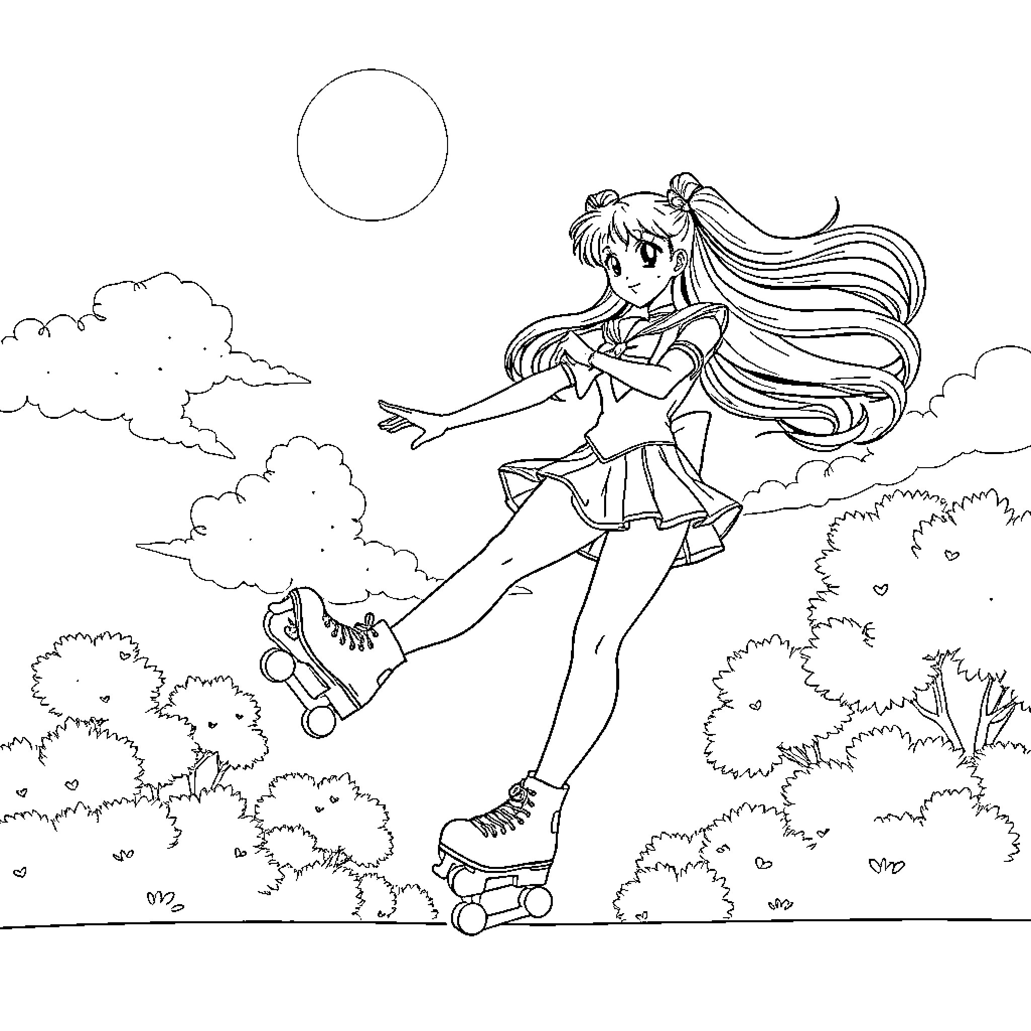 Sailor Moon roller skating through the park Coloring Page (free black-and-white line drawing printable PDF for all, from beginners to advanced learners, including children, teens, adults, and seniors)