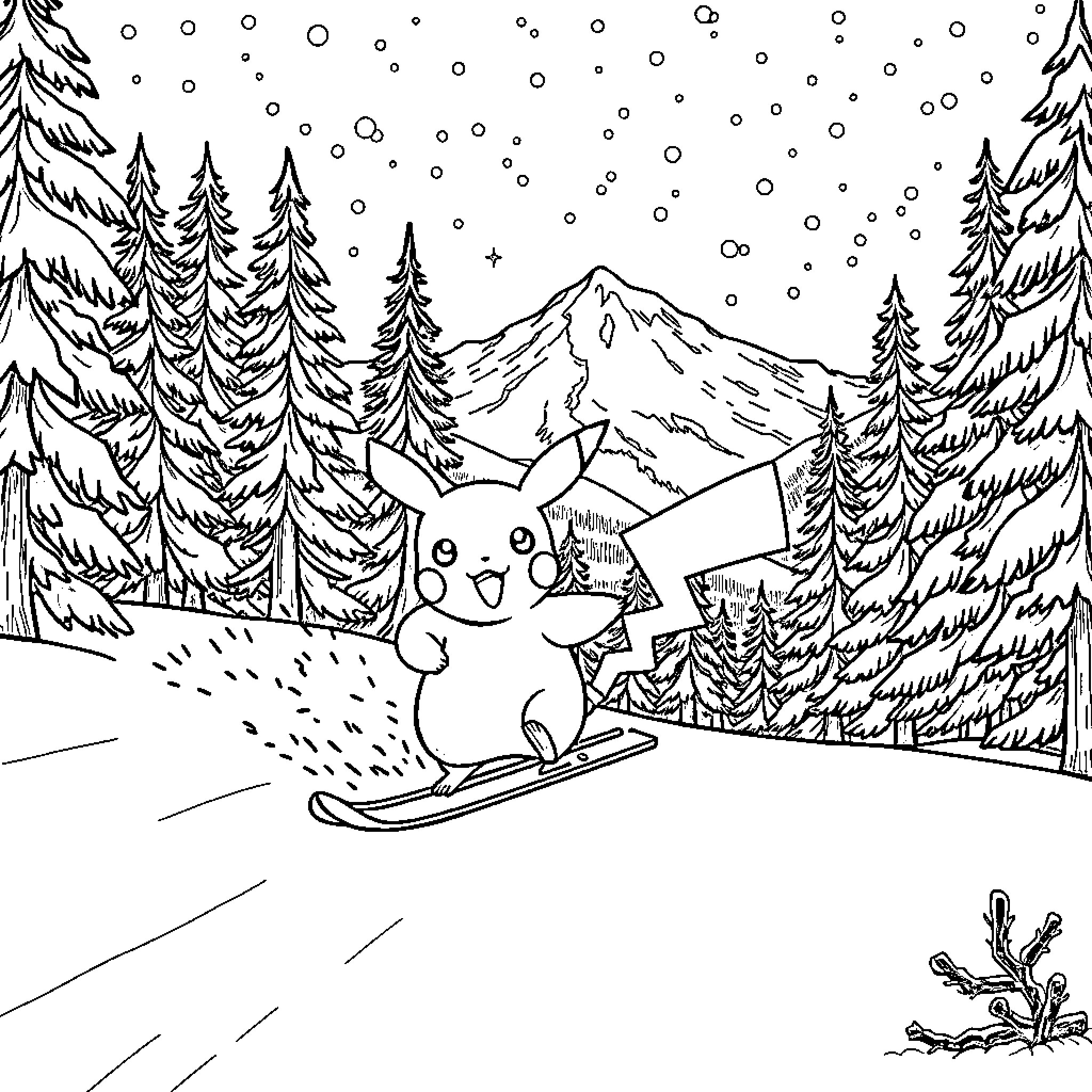 Pikachu enjoying winter activities in the snowy mountains Coloring Page (free black-and-white line drawing printable PDF for all, from beginners to advanced learners, including children, teens, adults, and seniors)