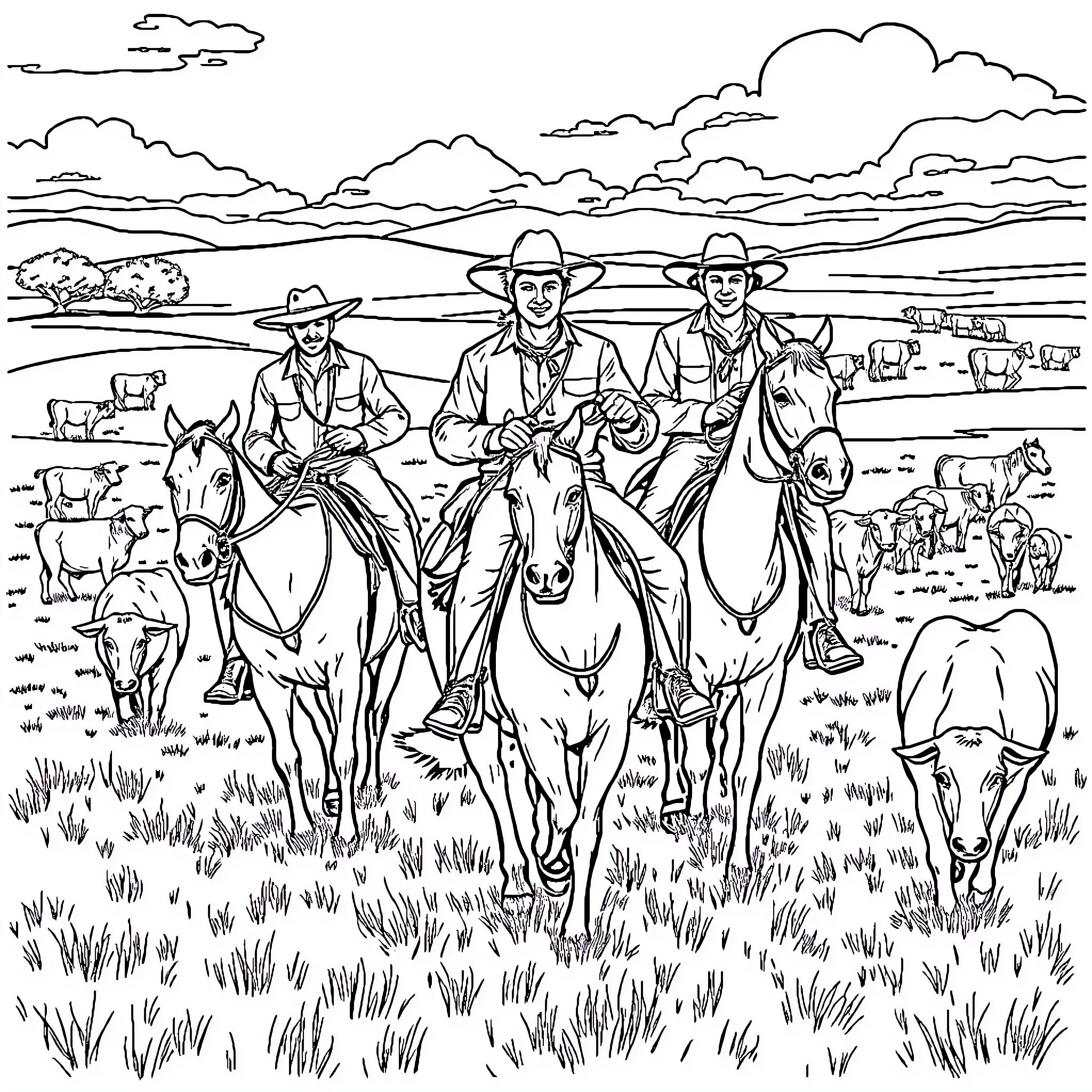 Cowboy trio riding horses through the countryside Coloring Page (free black-and-white line drawing printable PDF for all, from beginners to advanced learners, including children, teens, adults, and seniors)