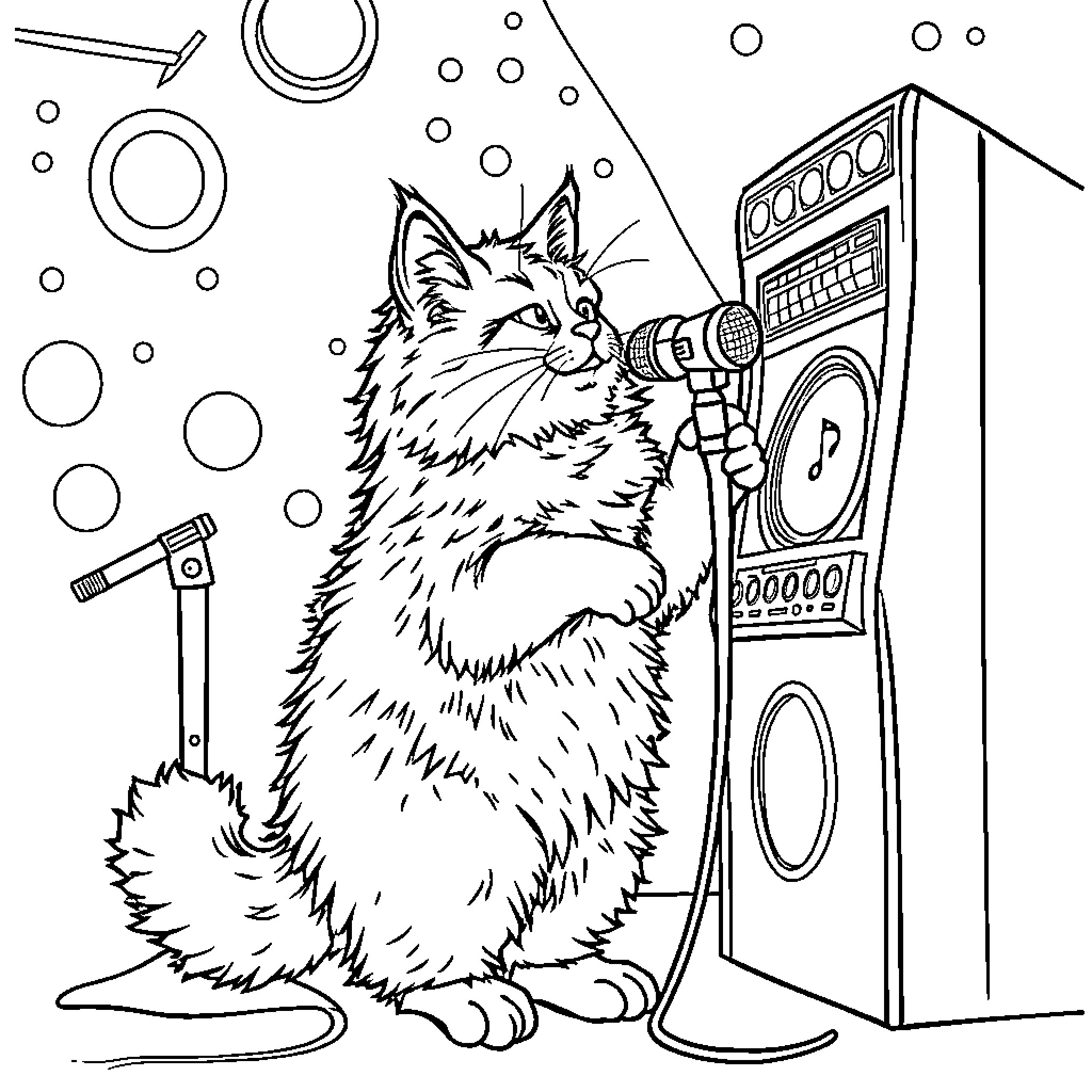 Cat listening to music on sound system Coloring Page (free black-and-white line drawing printable PDF for all, from beginners to advanced learners, including children, teens, adults, and seniors)