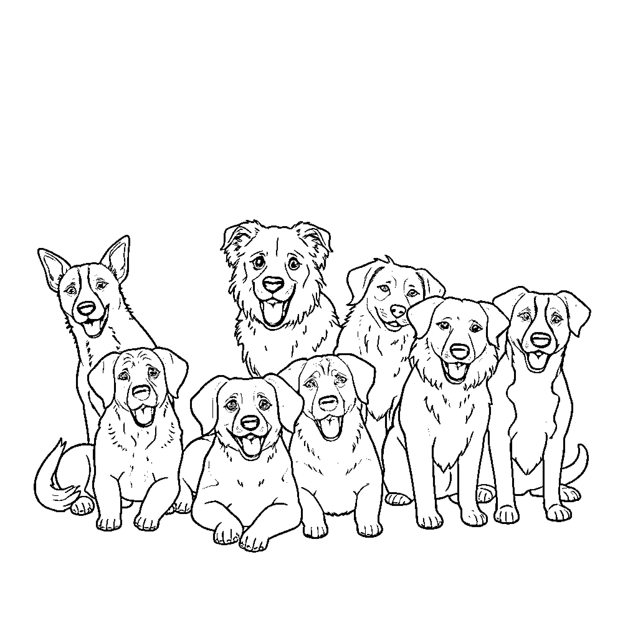 Dog Group Portrait with Playful Expressions Coloring Page (free black-and-white line drawing printable PDF for all, from beginners to advanced learners, including children, teens, adults, and seniors)