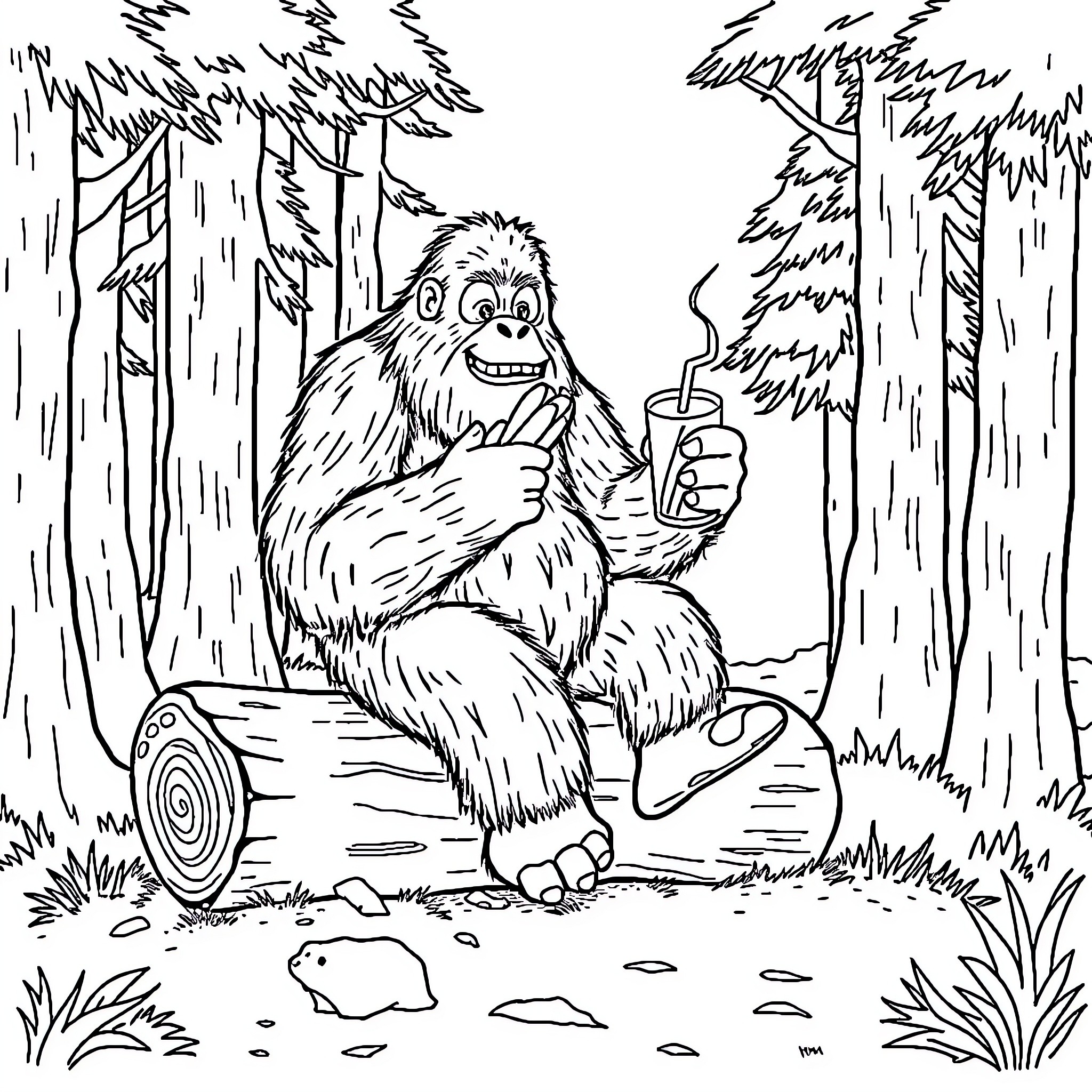 Bigfoot enjoying a refreshing drink in the forest Coloring Page (free black-and-white line drawing printable PDF for all, from beginners to advanced learners, including children, teens, adults, and seniors)