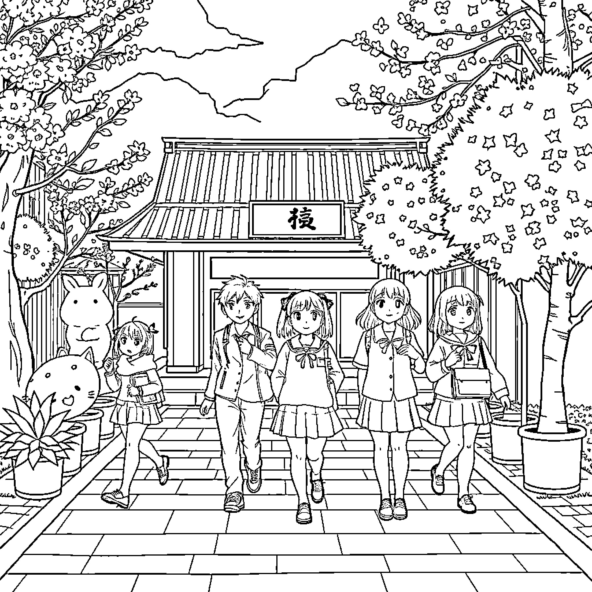 Sakura friends exploring traditional Japanese temple Coloring Page (free black-and-white line drawing printable PDF for all, from beginners to advanced learners, including children, teens, adults, and seniors)