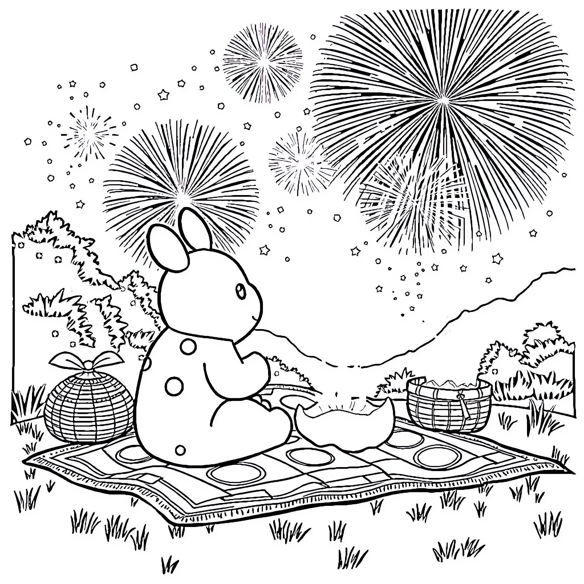 Labubu's Cozy Picnic under Sparkling Fireworks Coloring Page (free black-and-white line drawing printable PDF for all, from beginners to advanced learners, including children, teens, adults, and seniors)
