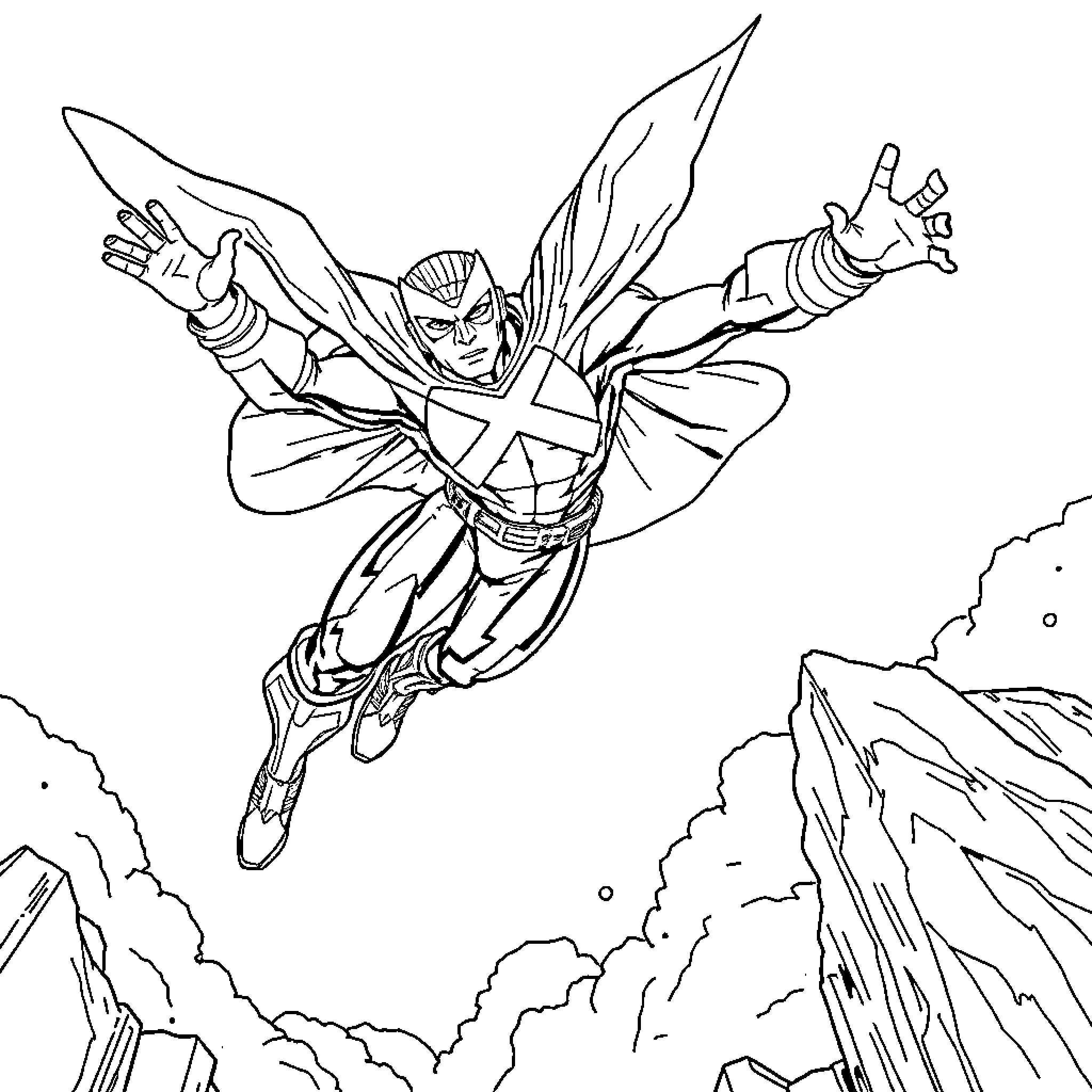 X-Man heroically soaring through the skies Coloring Page (free black-and-white line drawing printable PDF for all, from beginners to advanced learners, including children, teens, adults, and seniors)