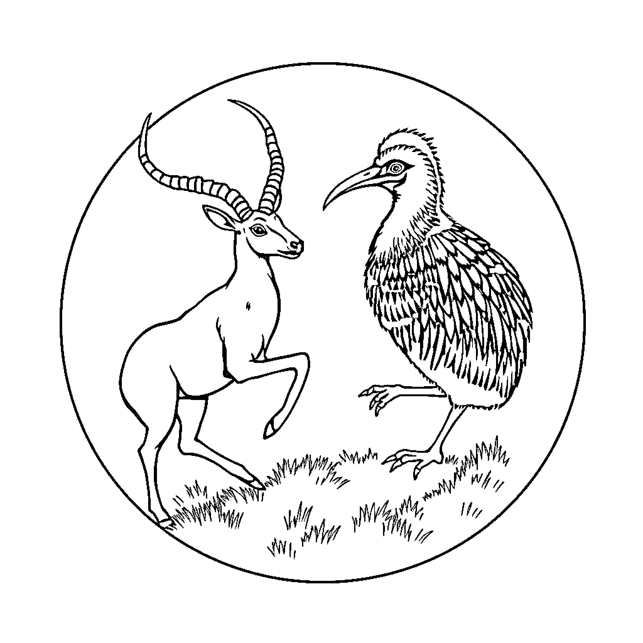 Springbok and crowned hornbill in wildlife Coloring Page (free black-and-white line drawing printable PDF for all, from beginners to advanced learners, including children, teens, adults, and seniors)