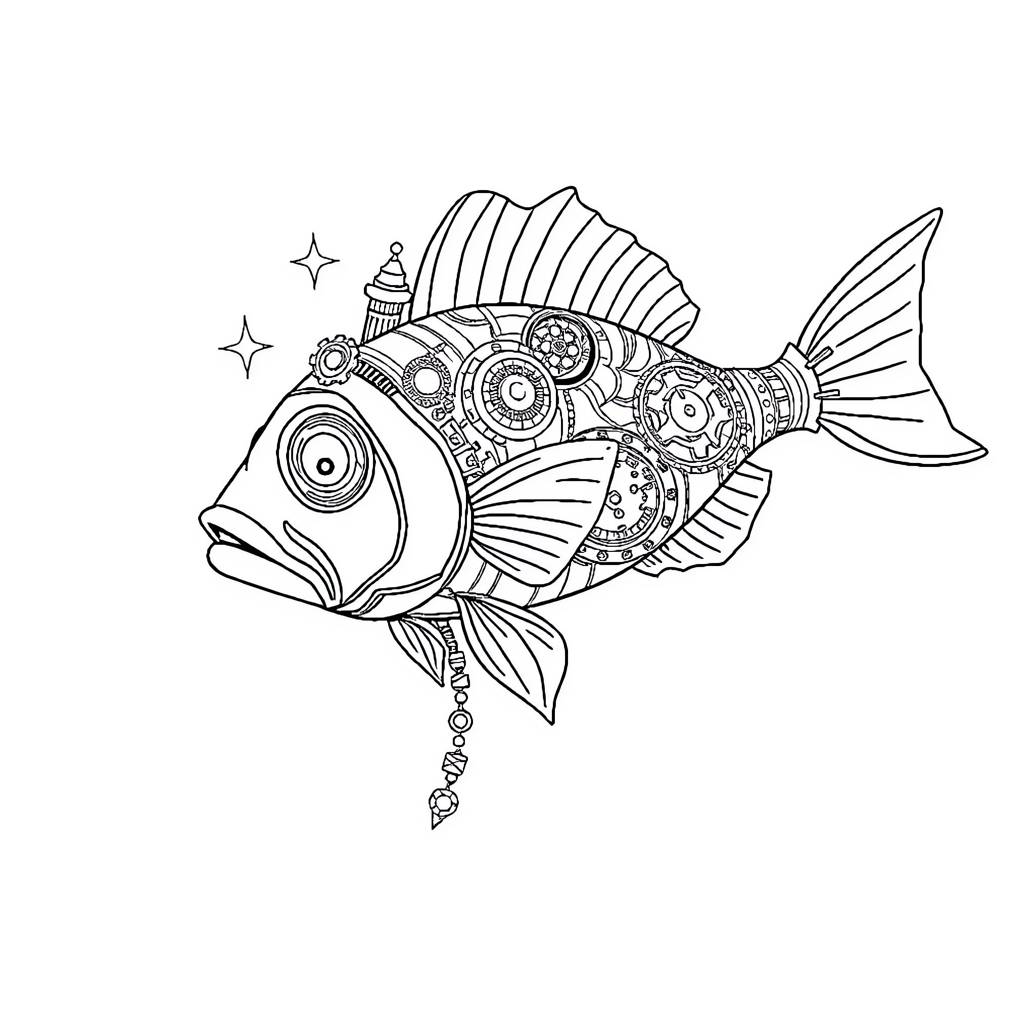 Fish with Intricate Mechanical Details Coloring Page (free black-and-white line drawing printable PDF for all, from beginners to advanced learners, including children, teens, adults, and seniors)