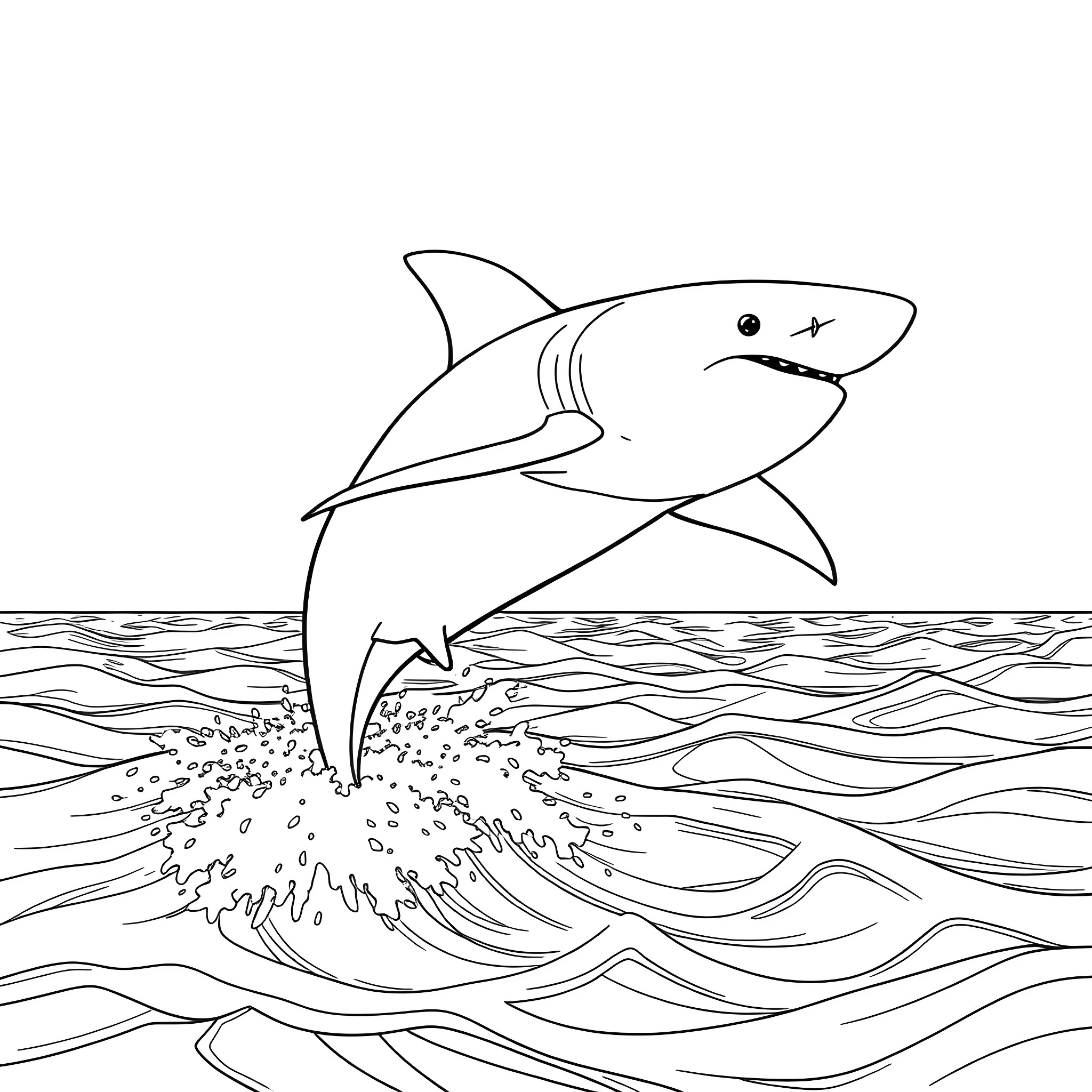 Shark jumping out of the ocean Coloring Page (free black-and-white line drawing printable PDF for all, from beginners to advanced learners, including children, teens, adults, and seniors)