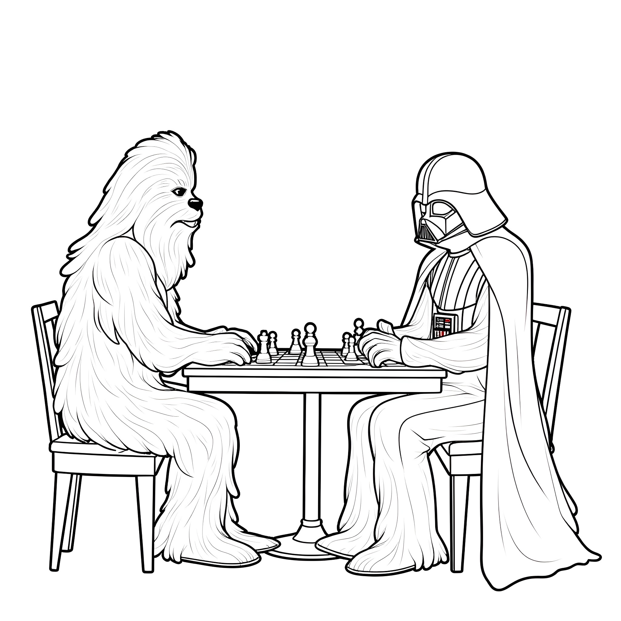 Chewbacca playing chess with Darth Vader Coloring Page (free black-and-white line drawing printable PDF for all, from beginners to advanced learners, including children, teens, adults, and seniors)