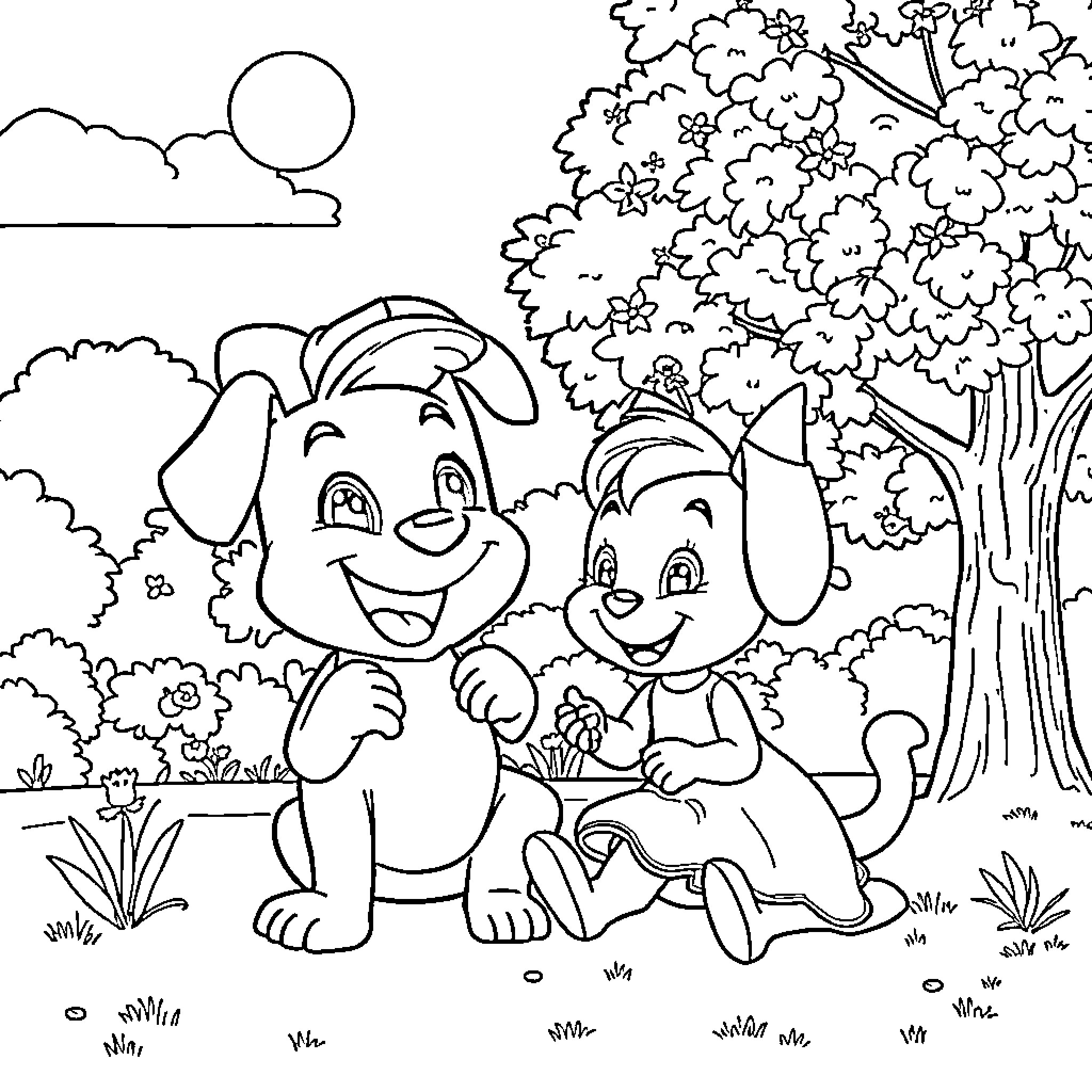 Bluey and Friends Enjoying the Outdoors Coloring Page (free black-and-white line drawing printable PDF for all, from beginners to advanced learners, including children, teens, adults, and seniors)