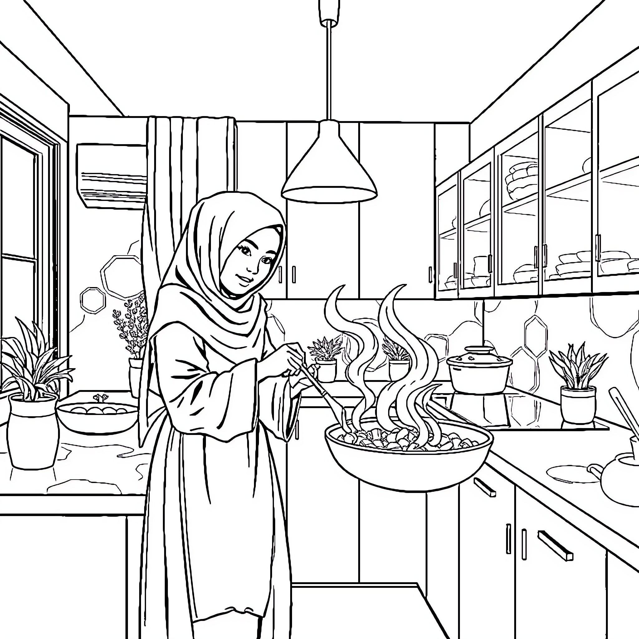 Pemuda preparing traditional cuisine in kitchen Coloring Page (free black-and-white line drawing printable PDF for all, from beginners to advanced learners, including children, teens, adults, and seniors)