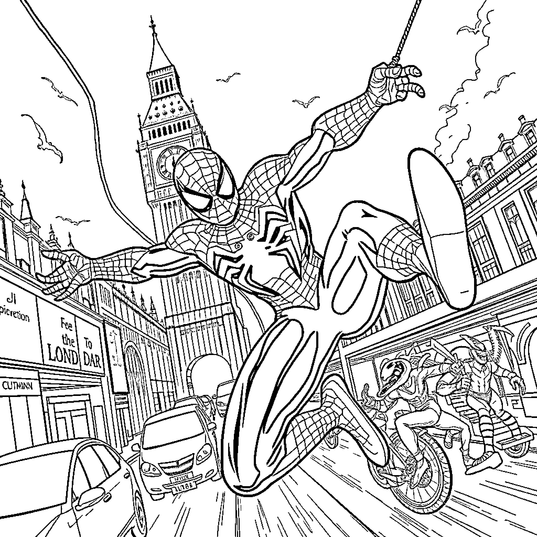 Spiderman swinging through the city skyline Coloring Page (free black-and-white line drawing printable PDF for all, from beginners to advanced learners, including children, teens, adults, and seniors)
