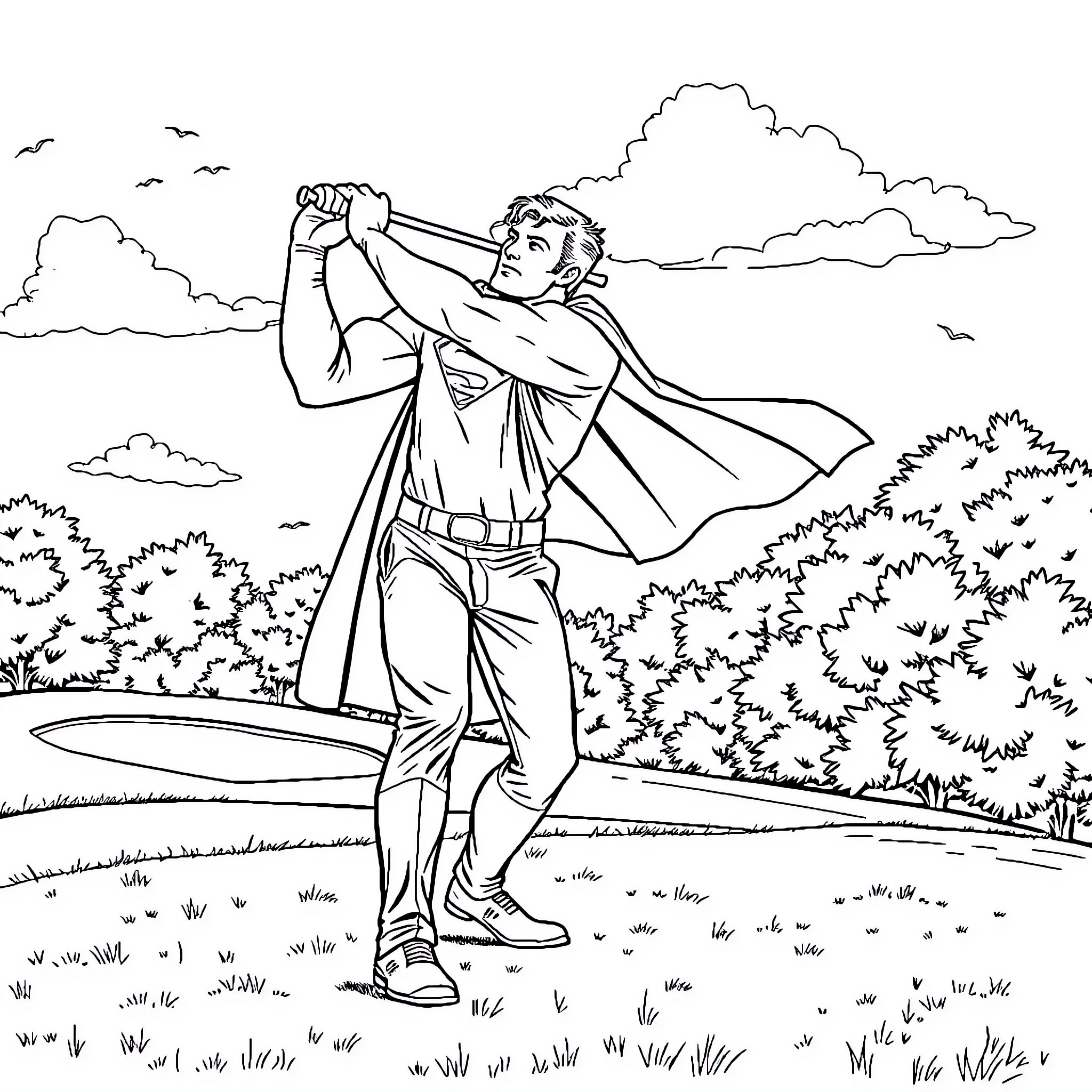 Superman heroically surveying the landscape Coloring Page (free black-and-white line drawing printable PDF for all, from beginners to advanced learners, including children, teens, adults, and seniors)