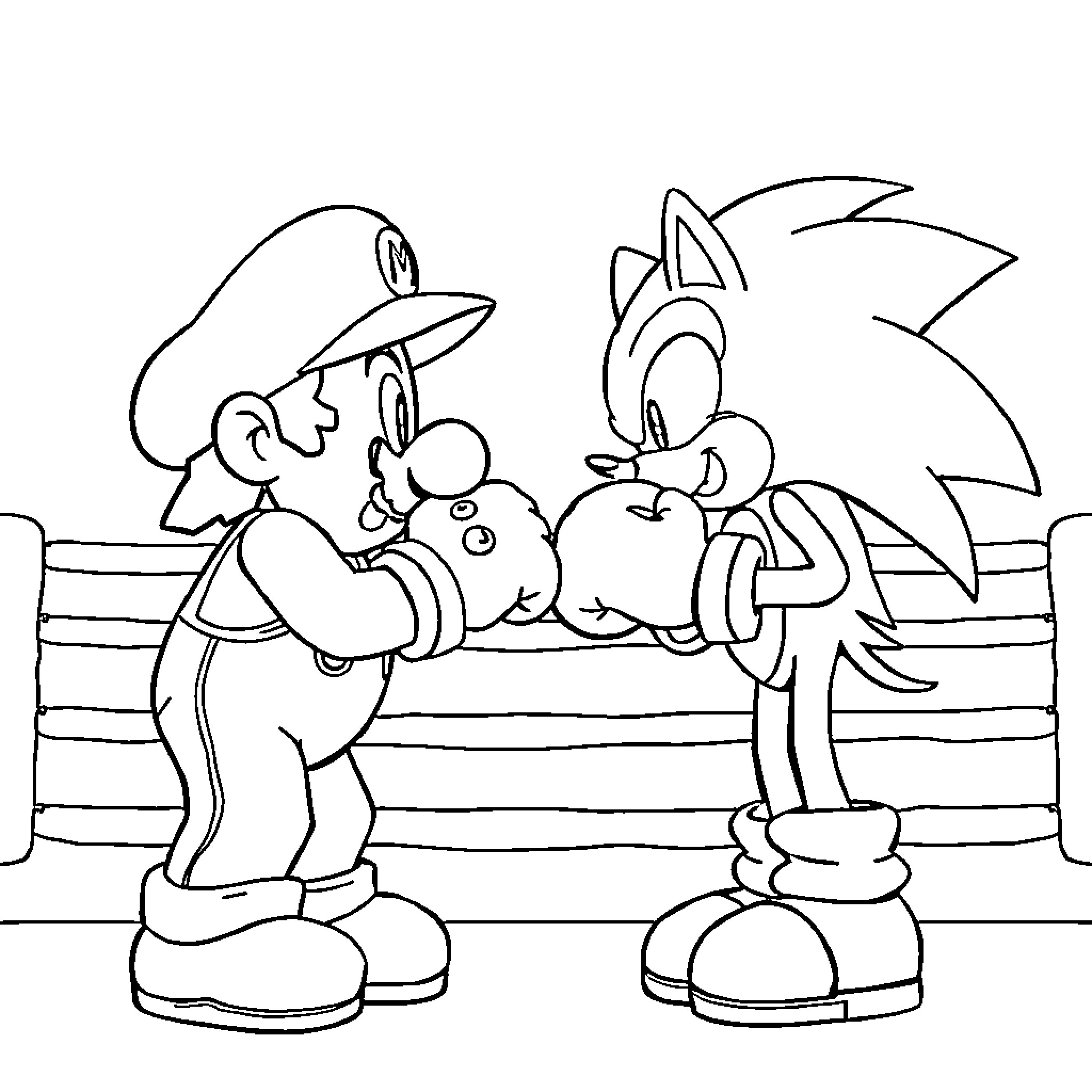 Mario and Sonic's Playful Encounter Coloring Page (free black-and-white line drawing printable PDF for all, from beginners to advanced learners, including children, teens, adults, and seniors)