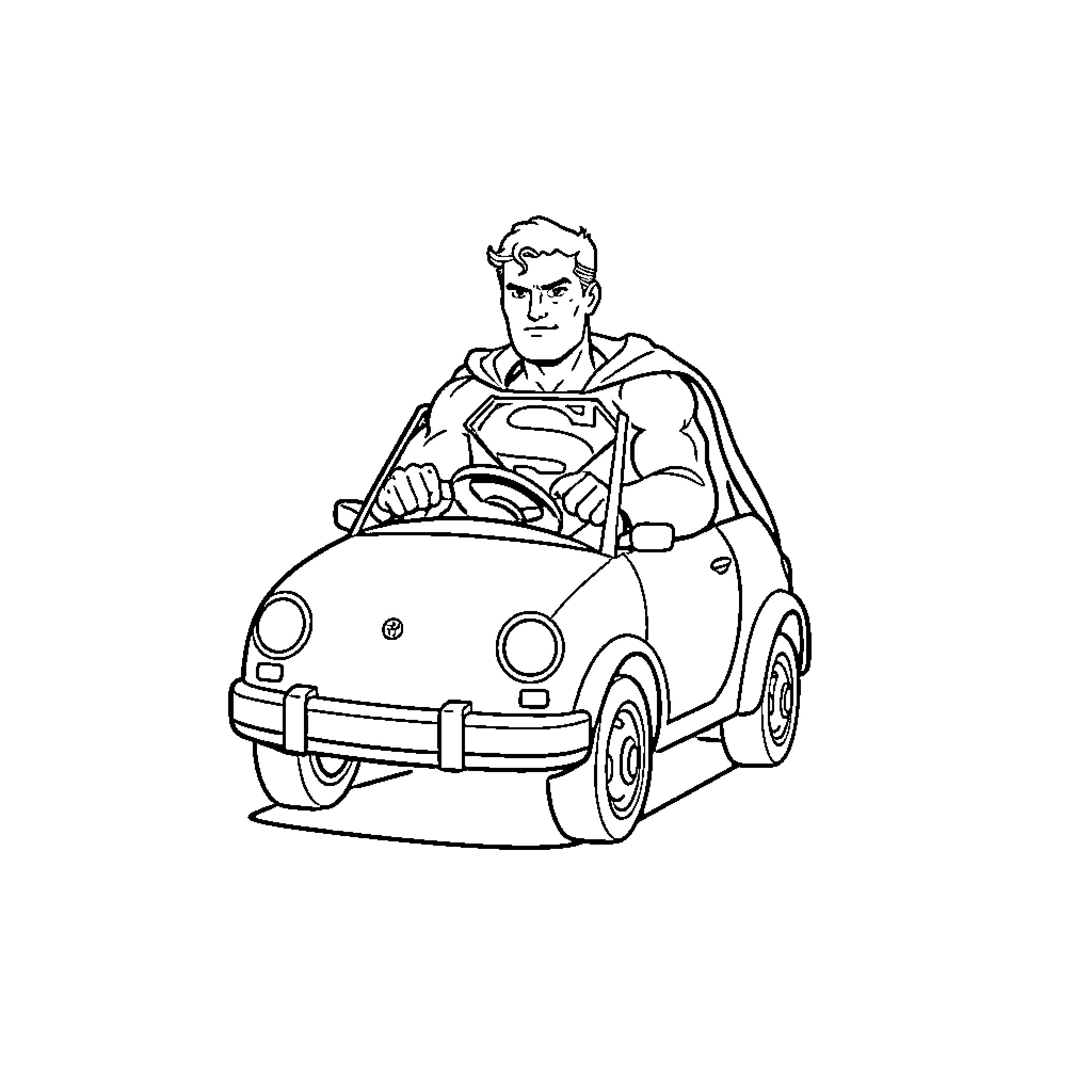 Superman driving a small car with enthusiasm Coloring Page (free black-and-white line drawing printable PDF for all, from beginners to advanced learners, including children, teens, adults, and seniors)